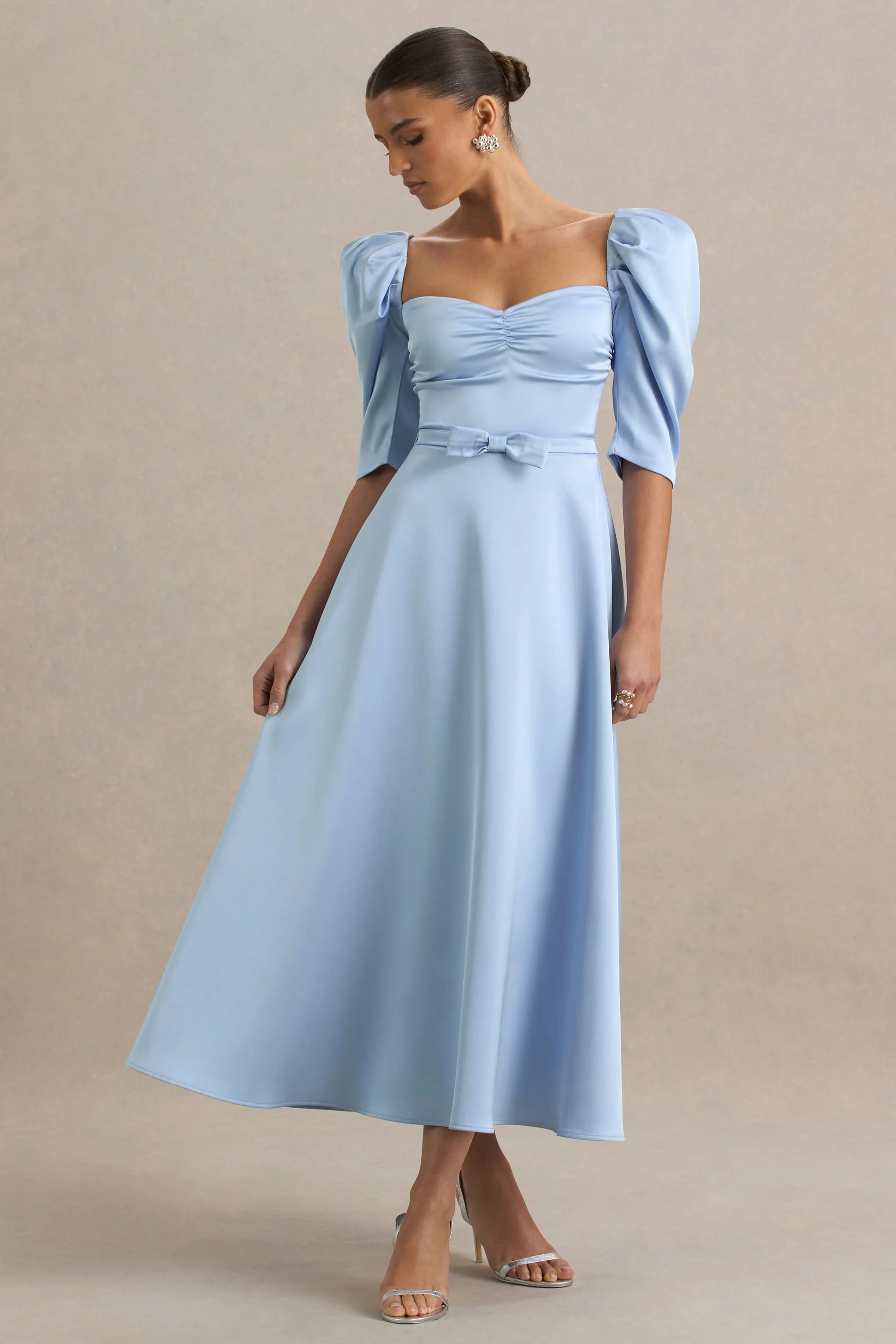 Rosey Powder Blue Satin Sweetheart Midi Dress