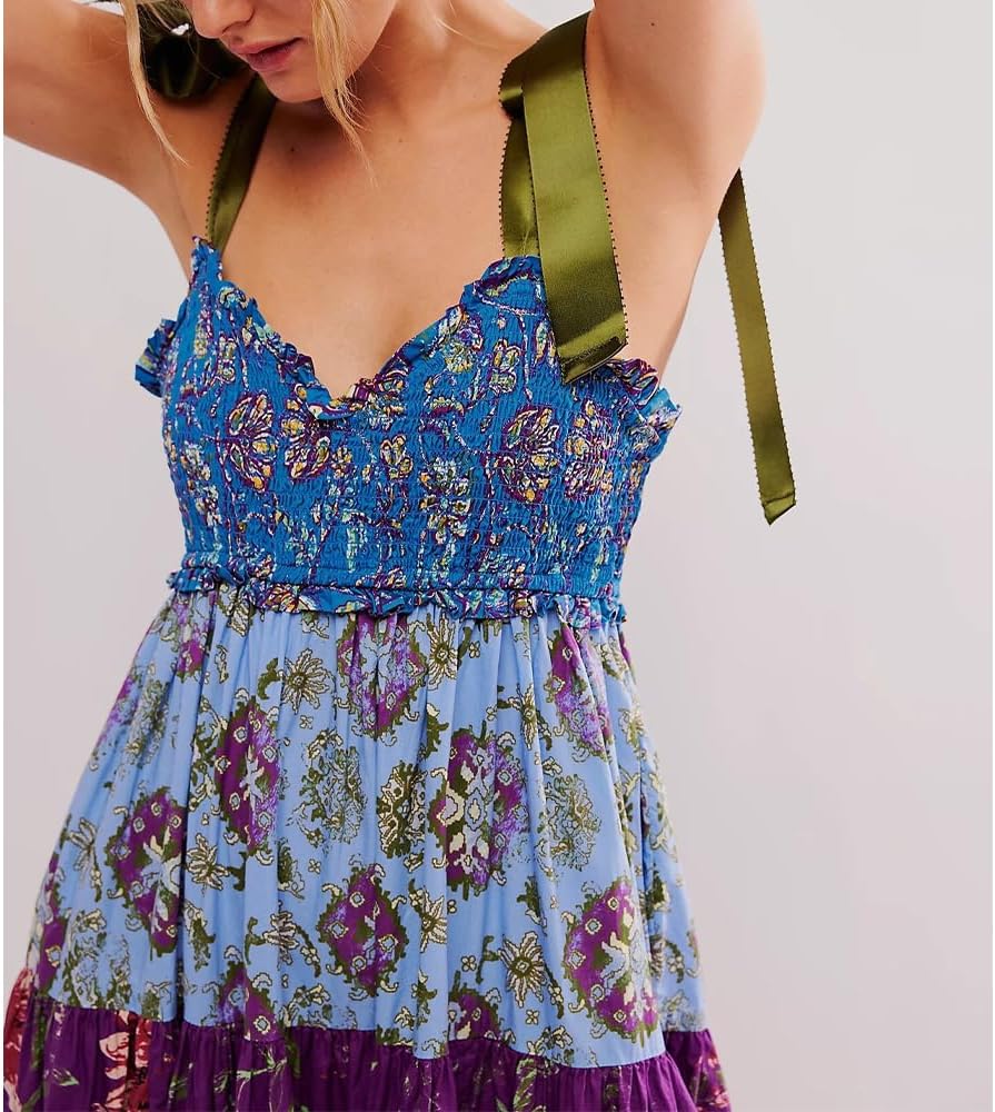 Women Floral Maxi Dress Tie Shoulder Patchwork Smocked Flowy Boho Dress with Pockets Summer Vacation Sundress