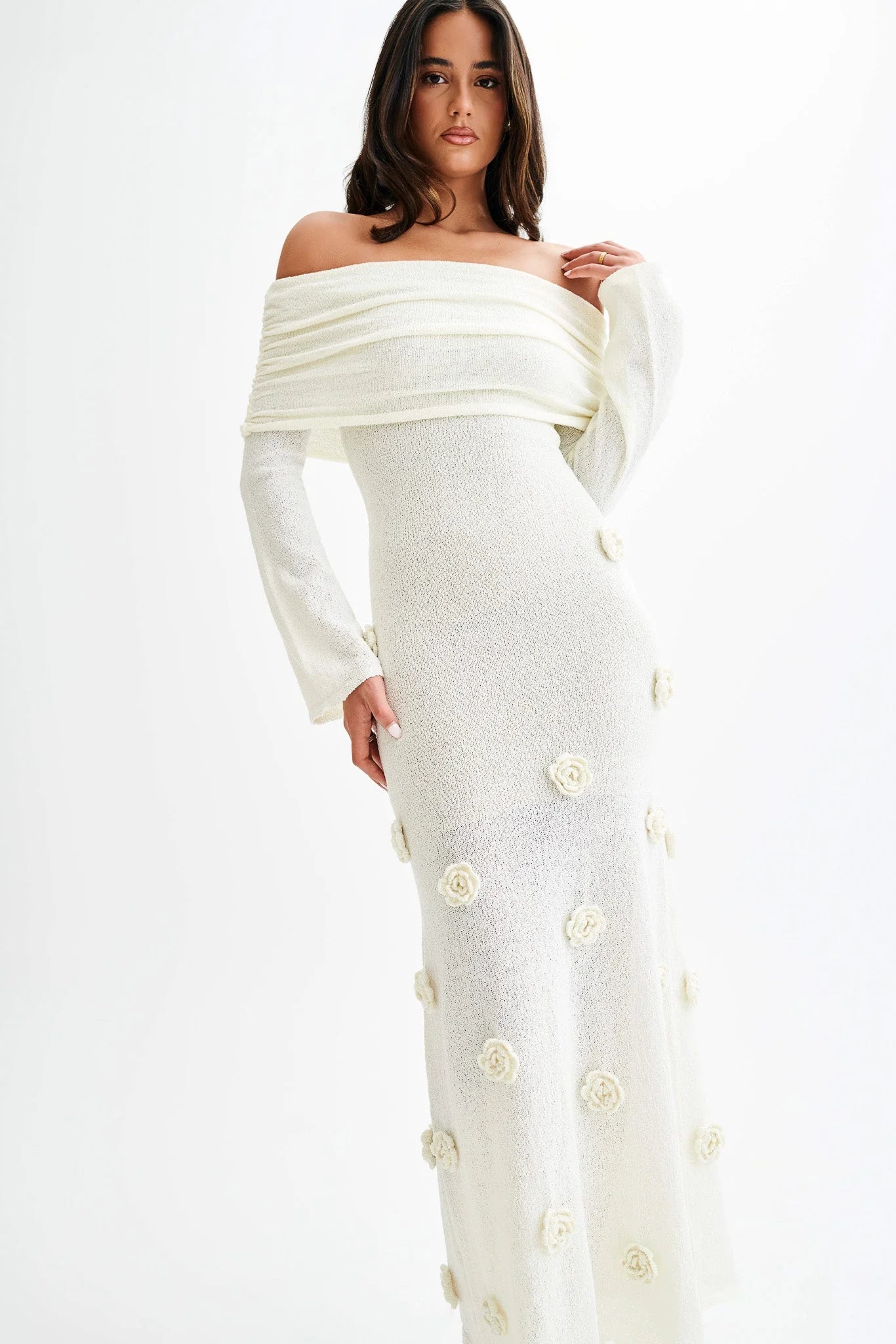 Kiki Off Shoulder Knit Rose Maxi Dress Ivory