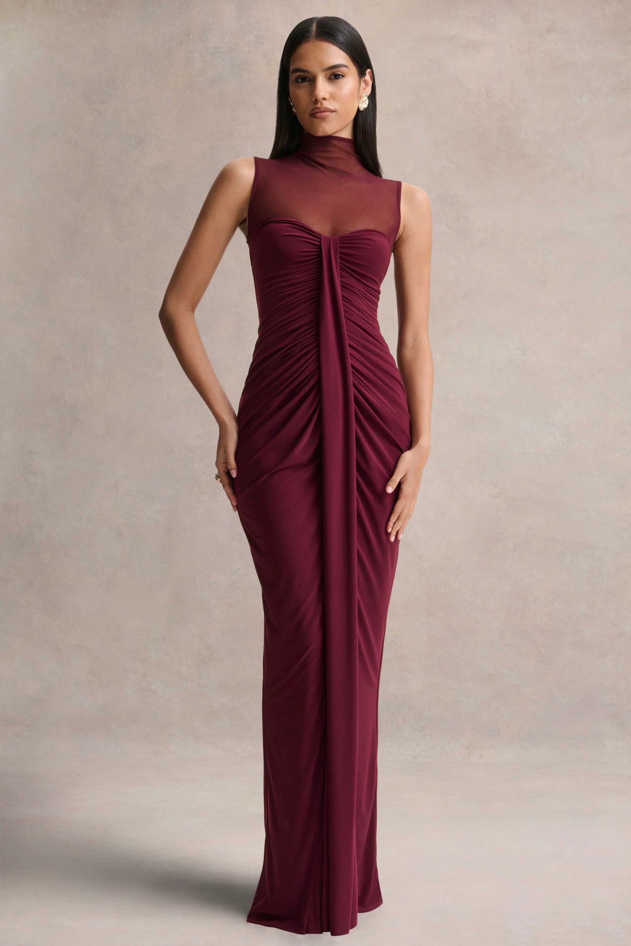 Brialle Burgundy High Neck Maxi Dress With Mesh And Gathered Detailing