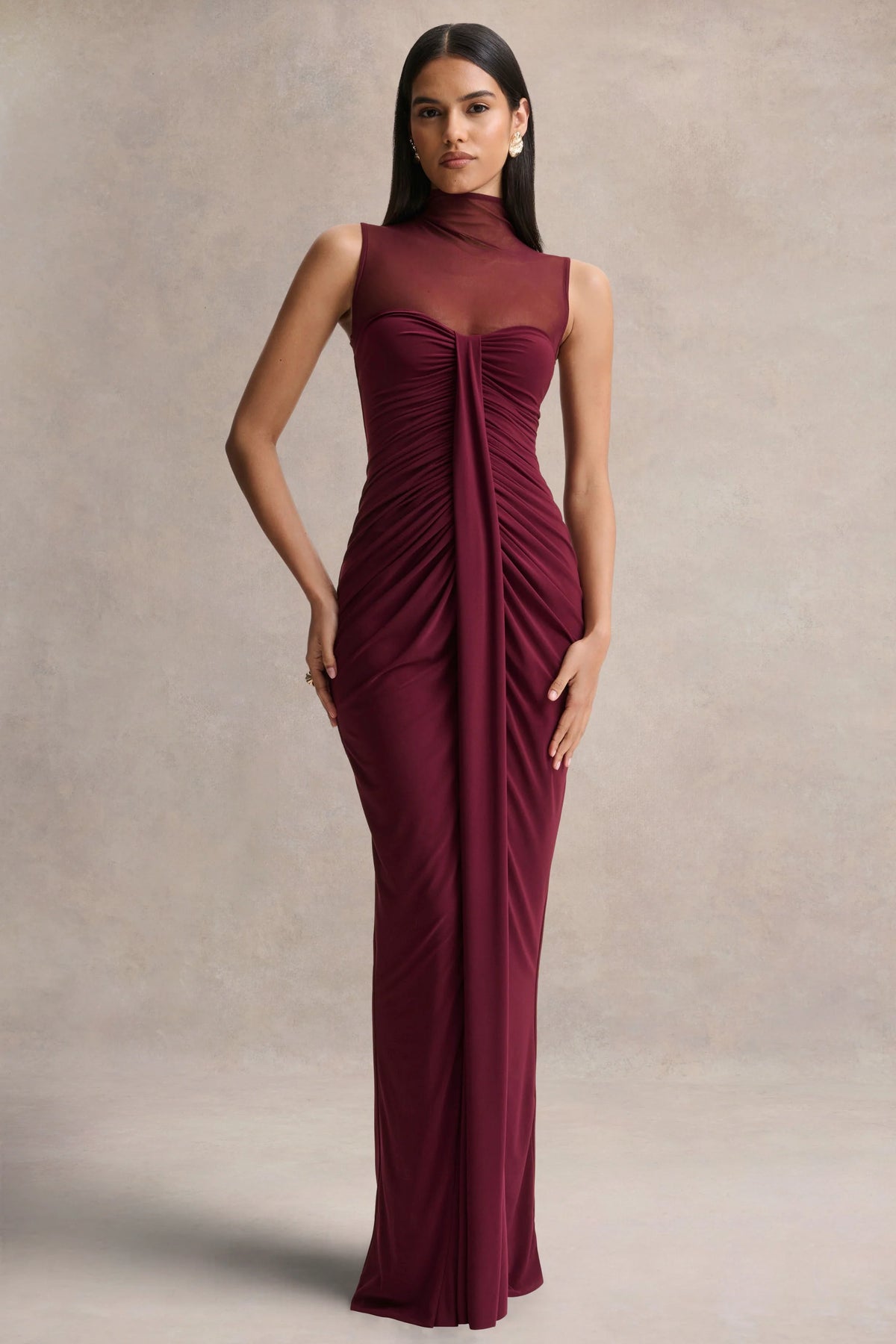Brialle Burgundy High Neck Maxi Dress With Mesh And Gathered Detailing