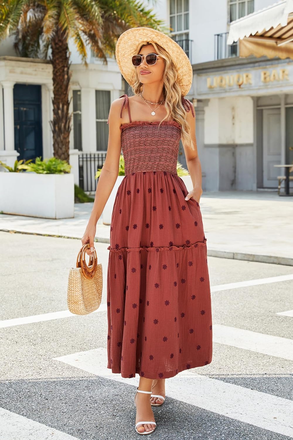 Women Floral Embroidered Maxi Dress Sleeveless Tie Shoulder Smocked Flowy Dress Boho Summer Sundresses with Pockets
