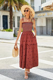 Women Floral Embroidered Maxi Dress Sleeveless Tie Shoulder Smocked Flowy Dress Boho Summer Sundresses with Pockets