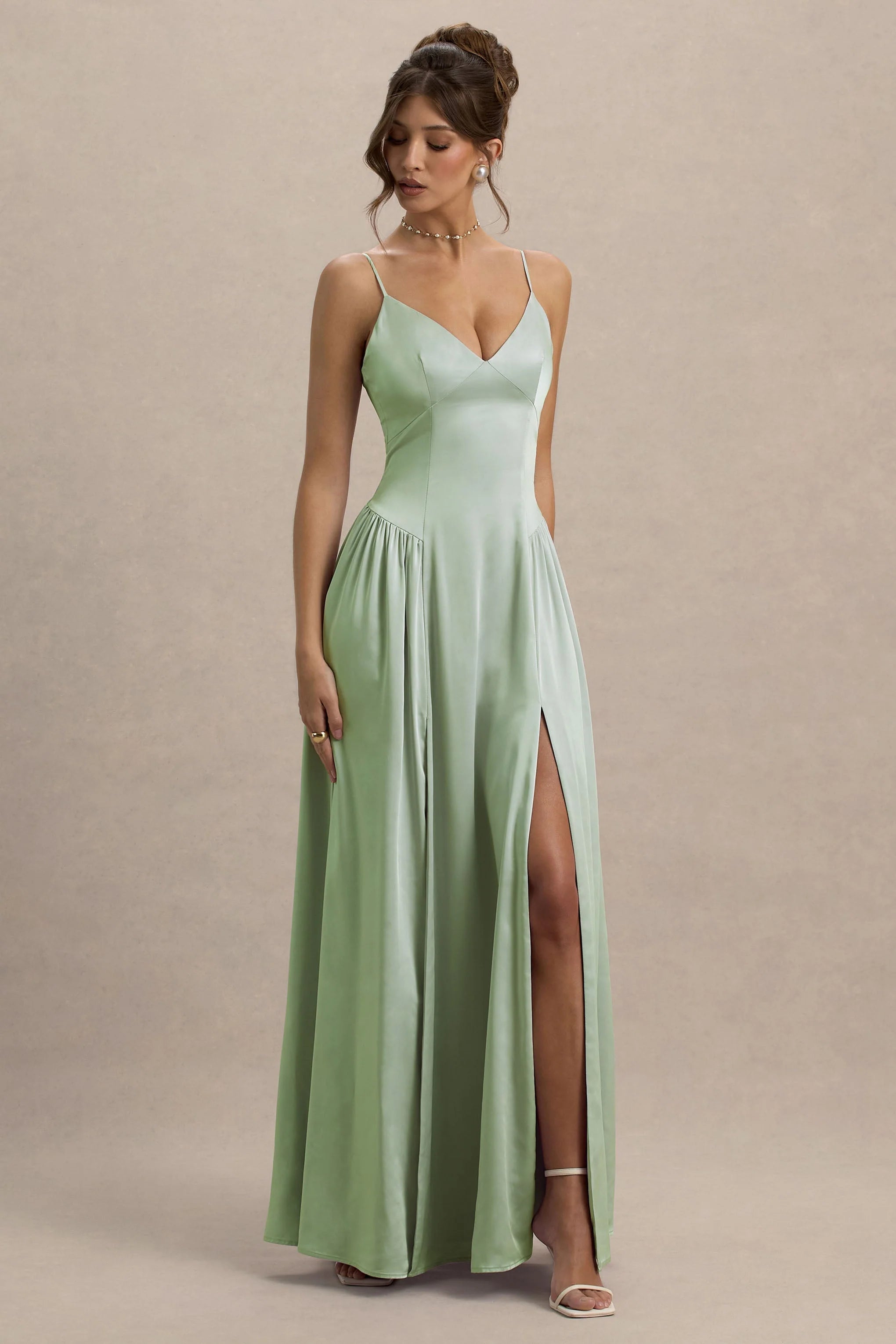 Jonas Light Green Plunge Neck Maxi Dress With Cami Straps
