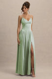 Jonas Light Green Plunge Neck Maxi Dress With Cami Straps