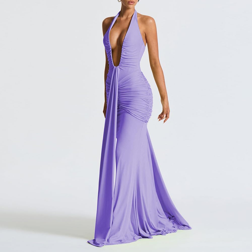Women Deep V Neck Ruched Maxi Dress Sleeveless Halter Gown Cocktail Evening Formal Dresses