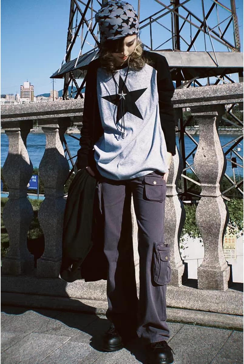 Women Star Shirt Y2k Tops Vintage Aesthetic Patchwork Long Sleeve Tee Shirts 90s Grunge Clothes