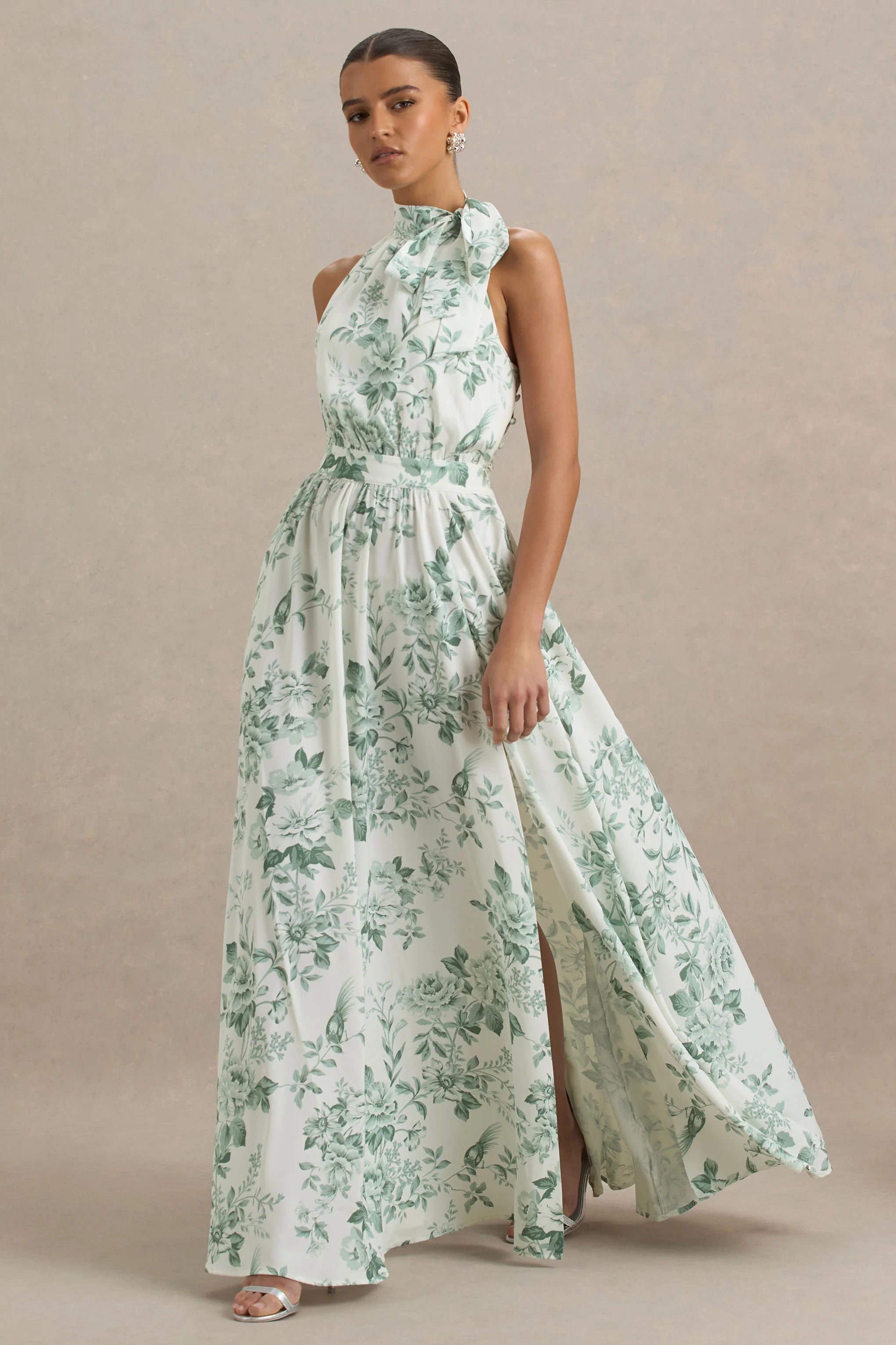Talia Green Floral Print High Neck Maxi Dress With Front High Split