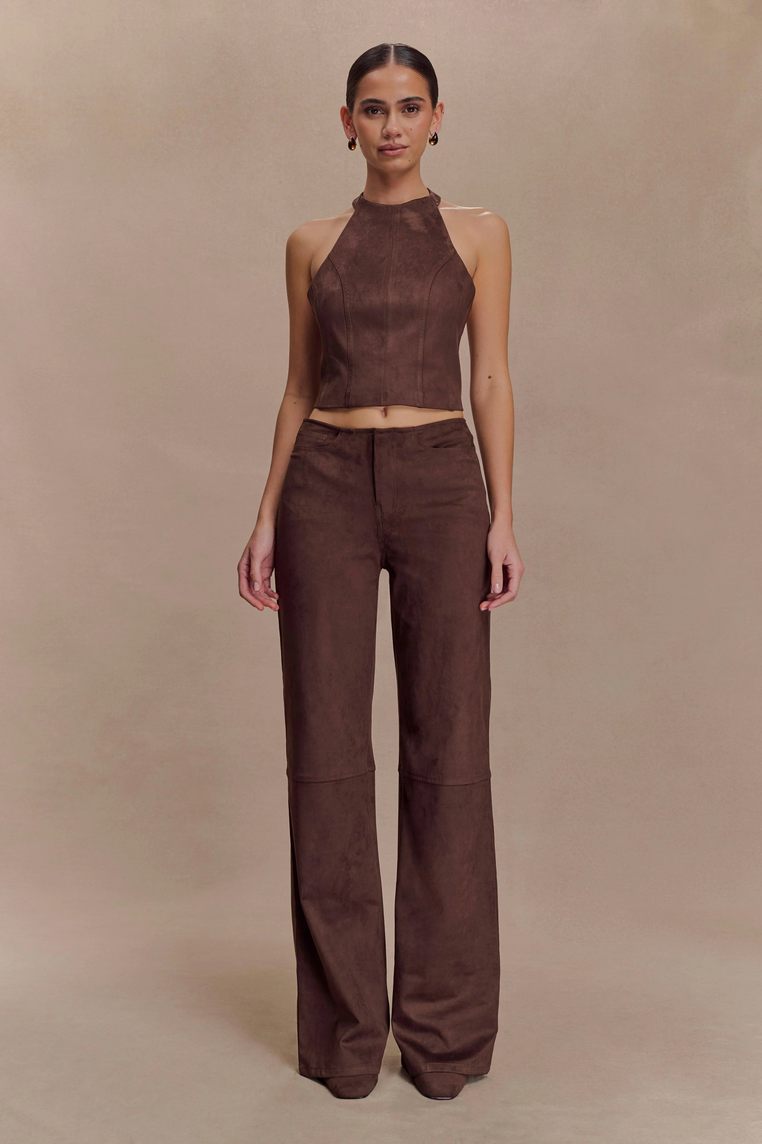 Logan Faux Suede Halter Top Dark Chocolate