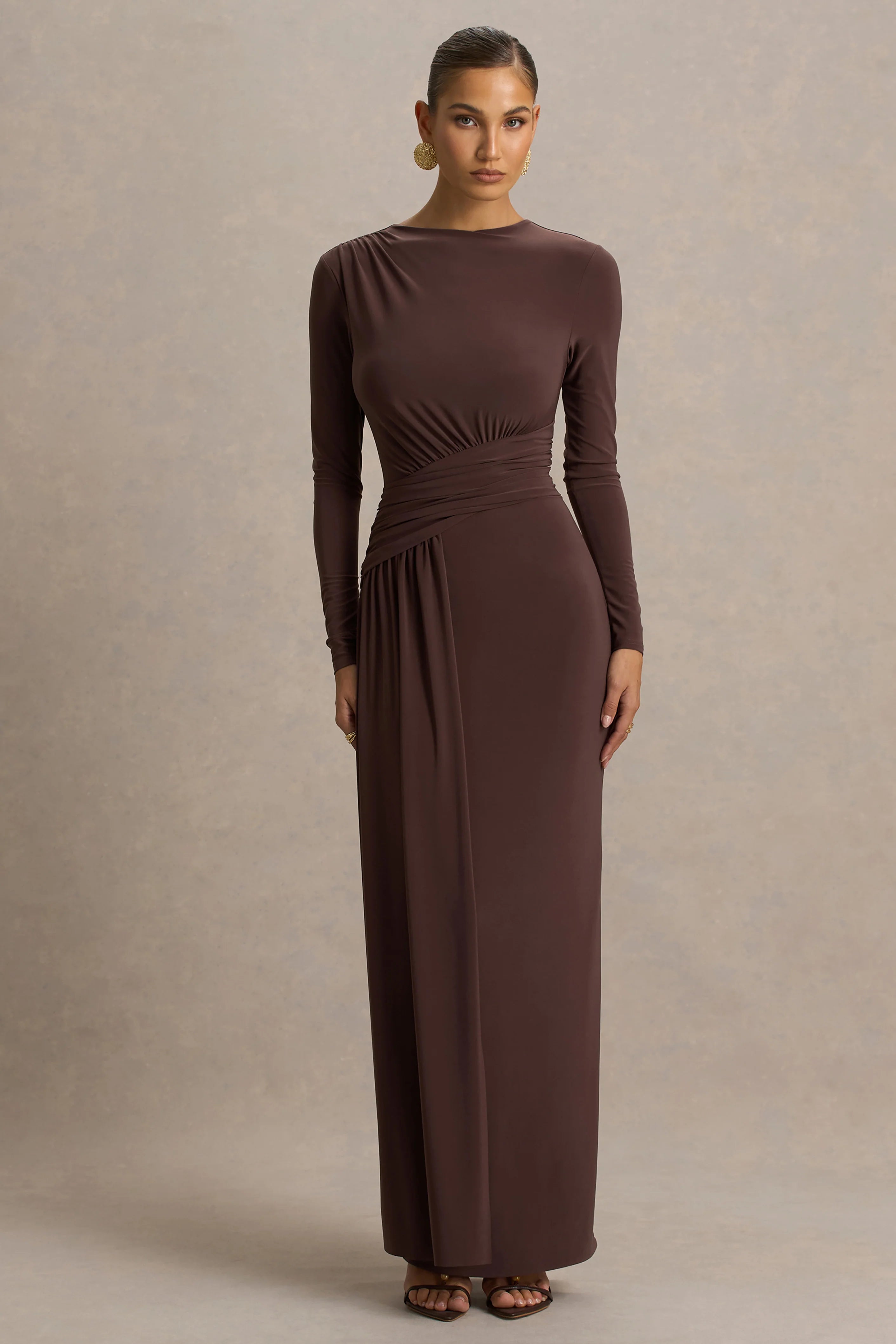 Virelle Brown Boat Neck Maxi Dress With Wrap Detail And Sash