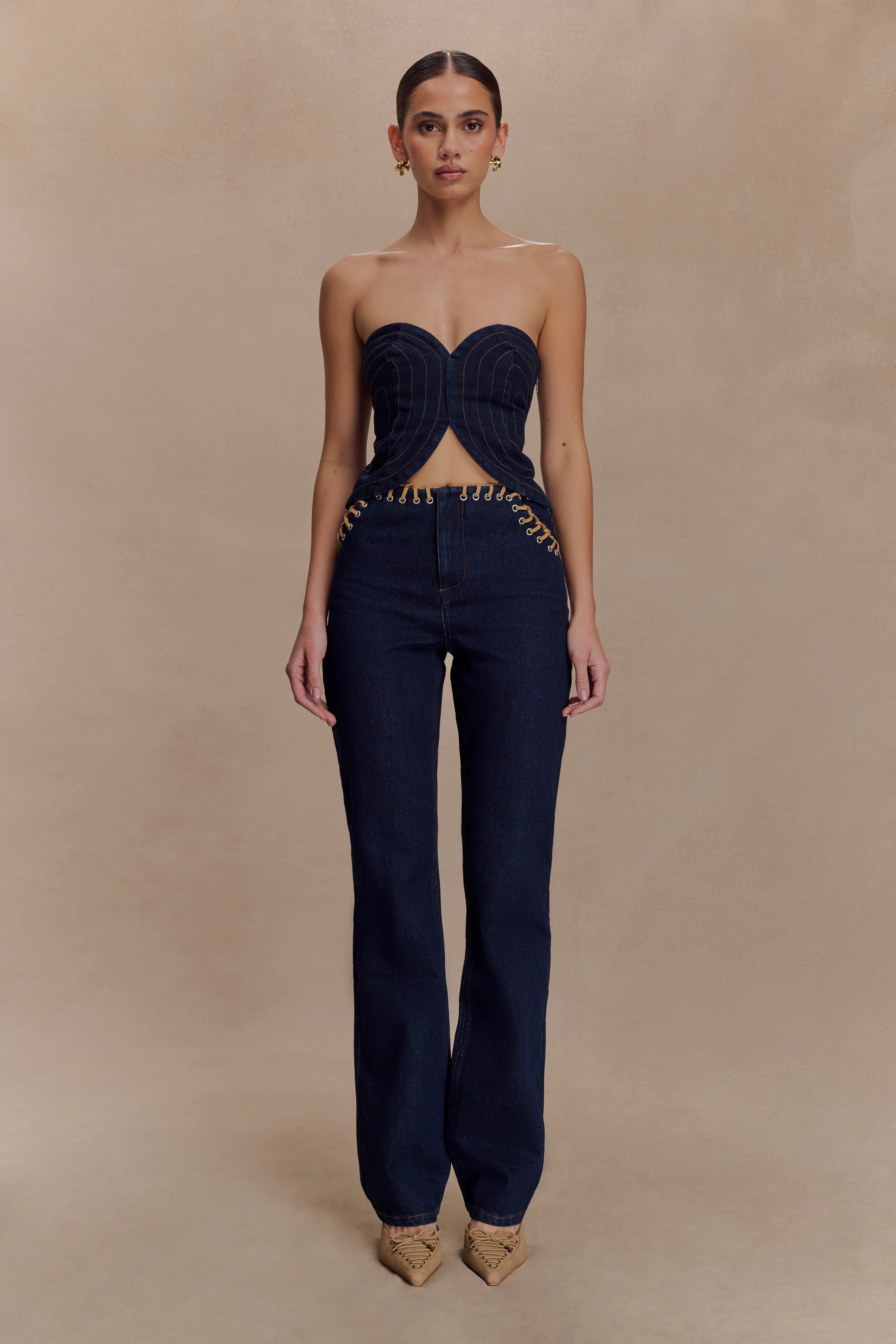 Tully Strapless Topstitch Denim Top Indigo Blue