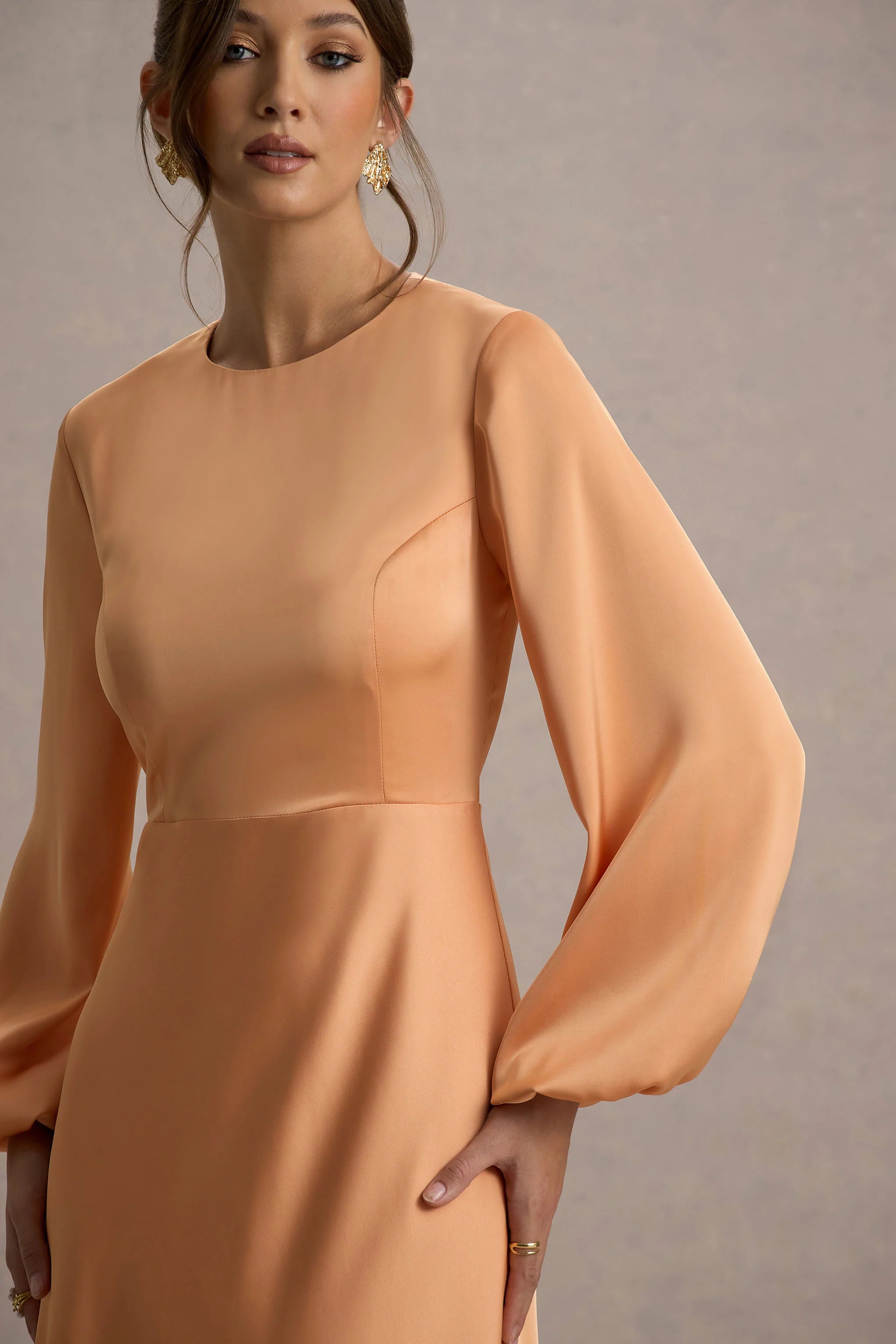 Crawley Peach Satin Puff Sleeve Maxi Dress