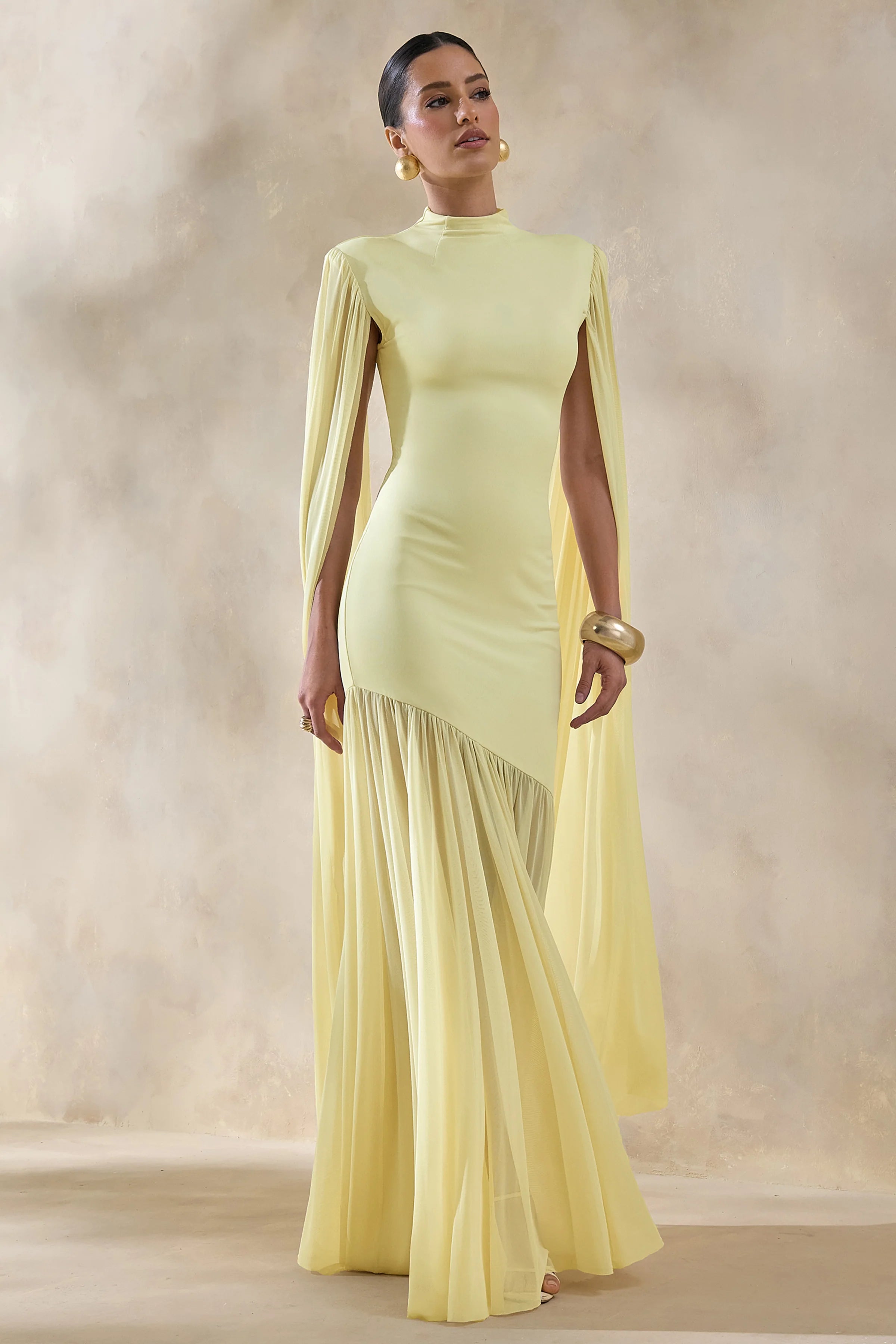 Chantelle Lemon High Neck Maxi Dress With Drop Waist And Cape Sleeves