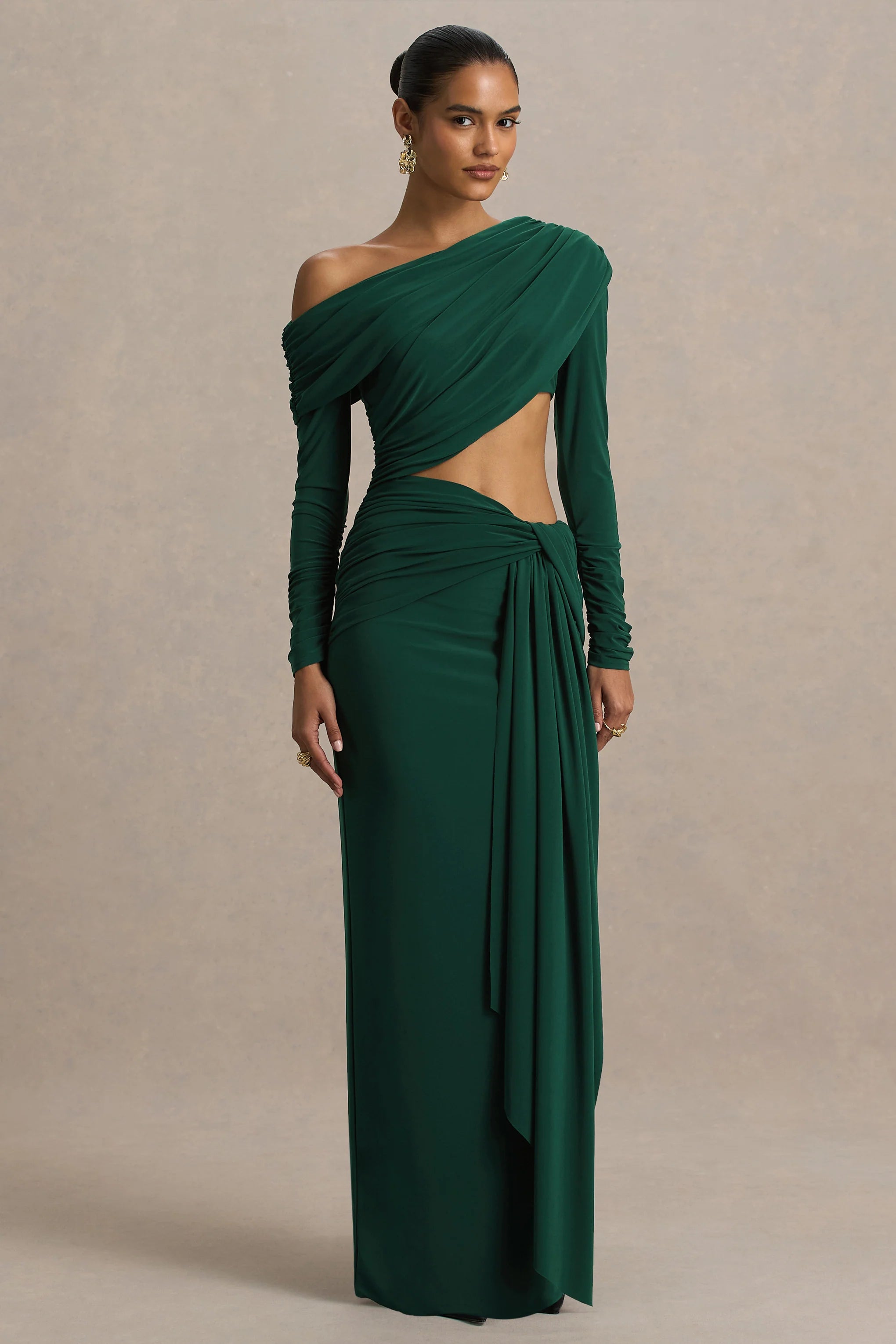 Mikayla Dark Green Asymmetric Neck Wrap Maxi Dress With Body Cut Out And Ruched Detailing