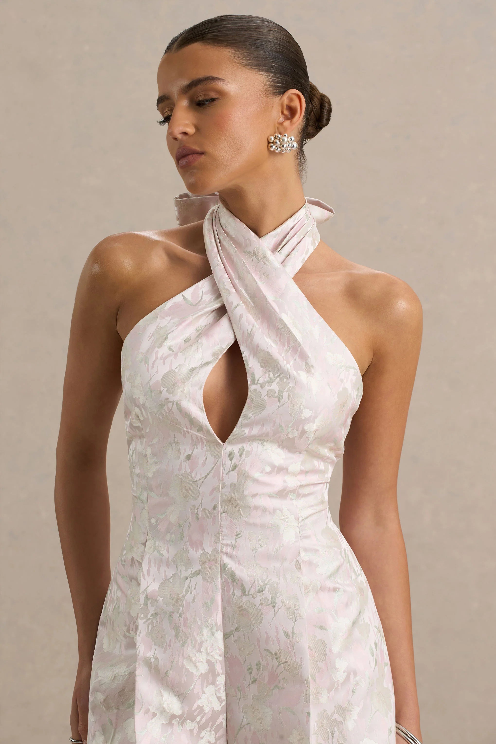 Sharie Cream Floral Print Jacquard Halter Neck Playsuit With Cut Out Detail
