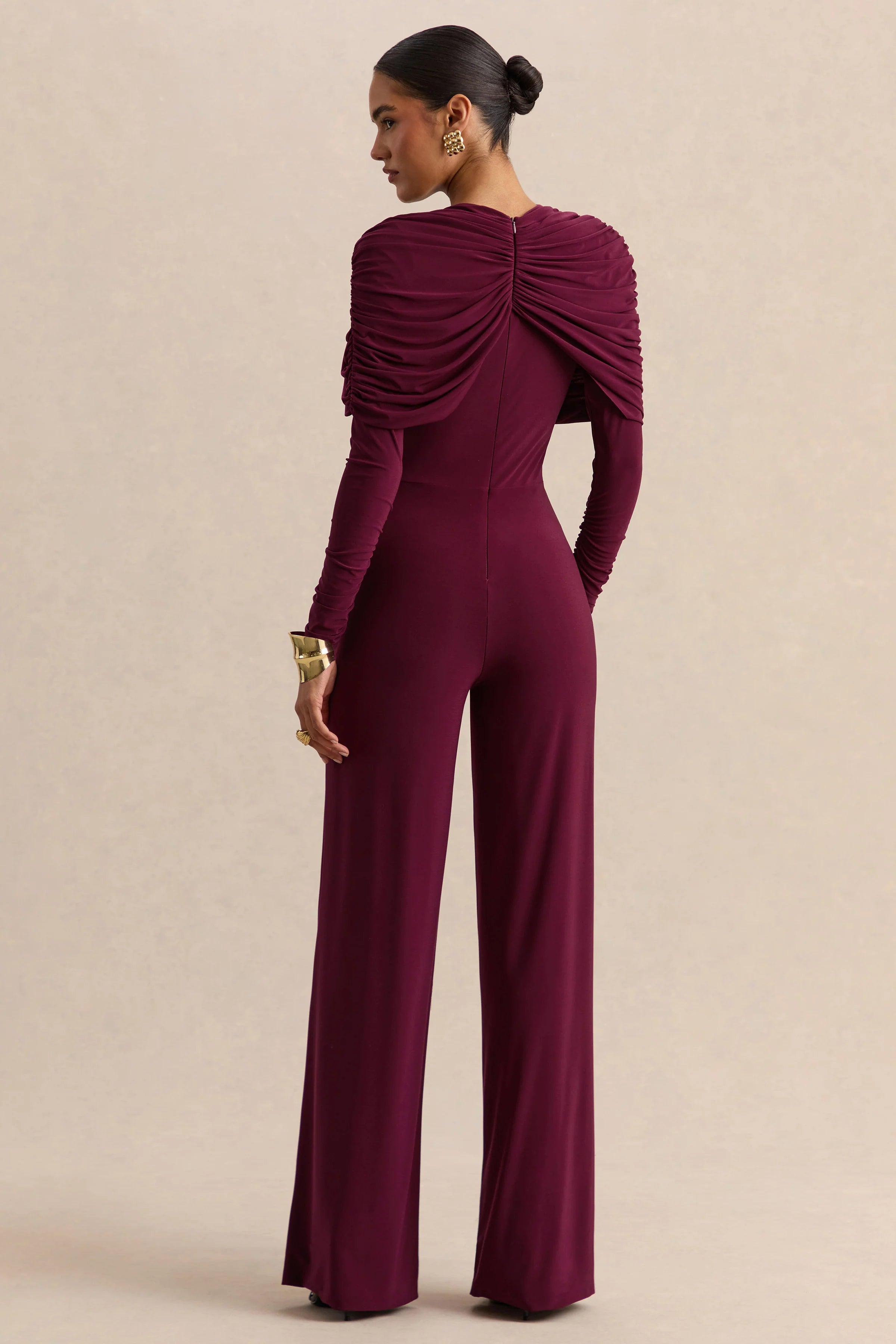 Eloura Burgundy High Neck Jumpsuit With Twist Gathered Detail
