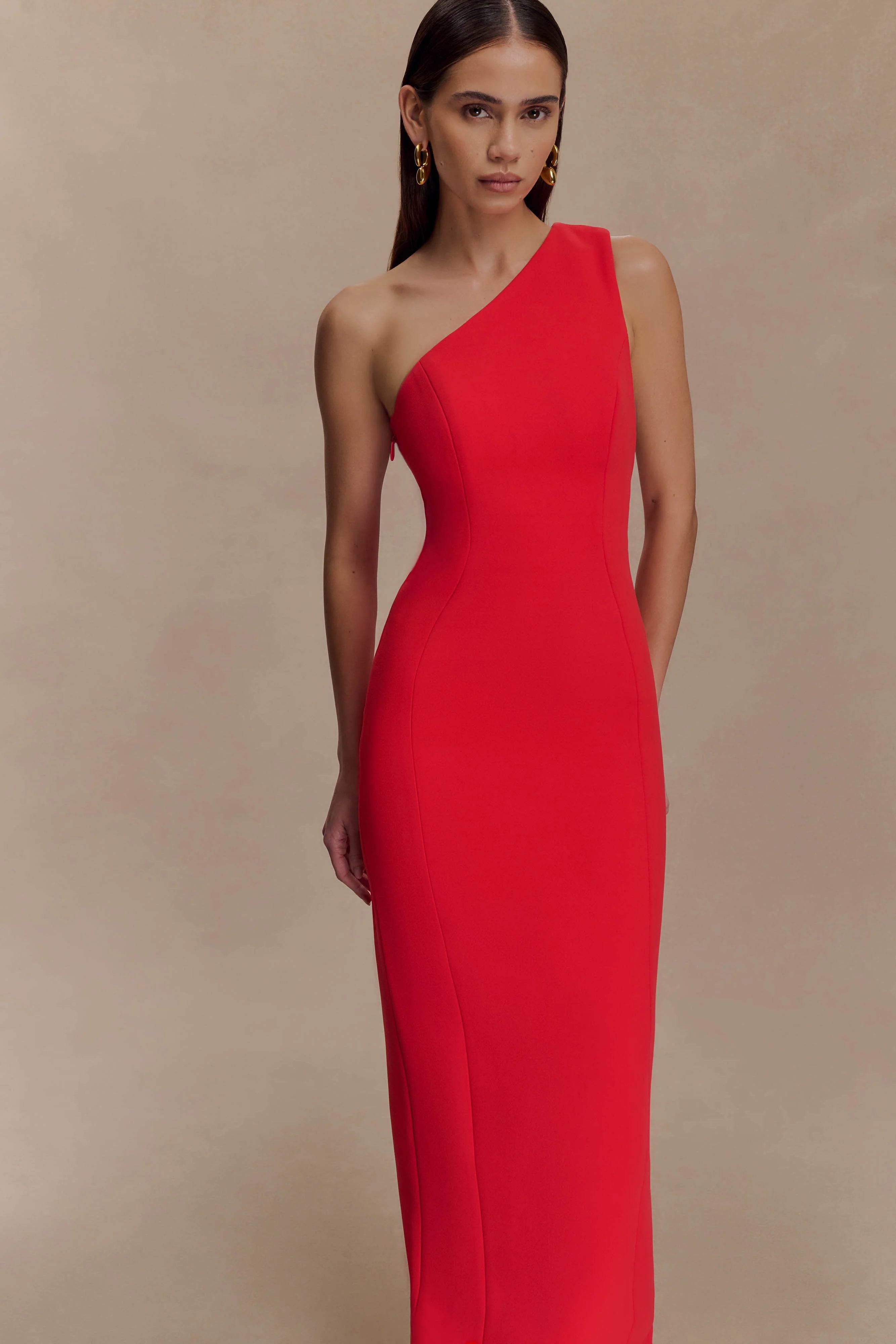 Milena One Shoulder Crepe Maxi Dress Red