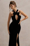 Mystery Black Velvet Plunge Halter Neck Split Maxi Dress With Bow
