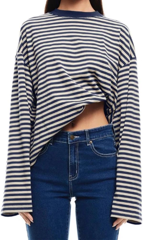 Women Striped Long Sleeve Shirt Crewneck Cropped Pullover Top Fall Winter Vintage Sweatshirt Streetwear
