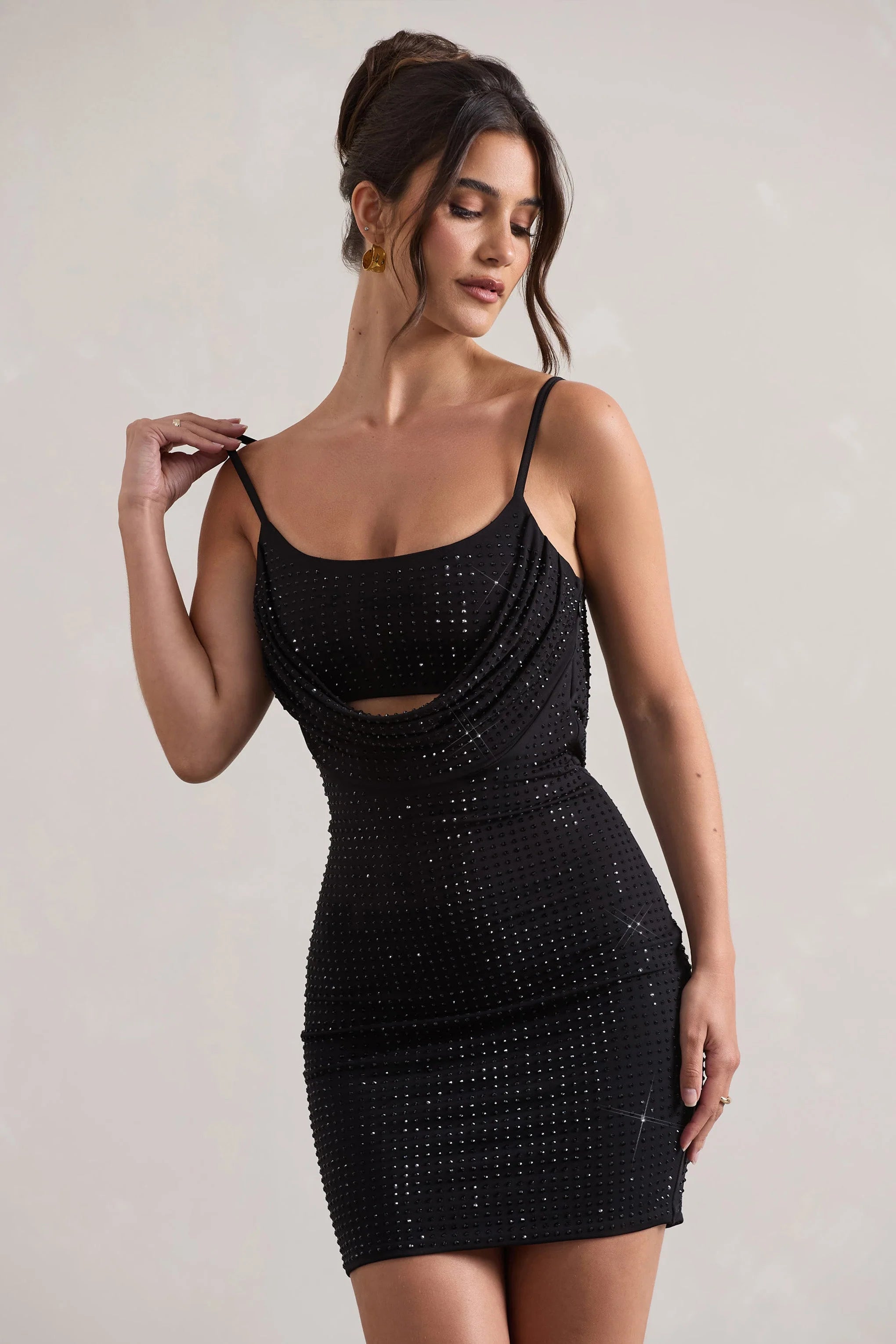Last Dance Black Embellished Strappy Cowl Neck Mini Dress