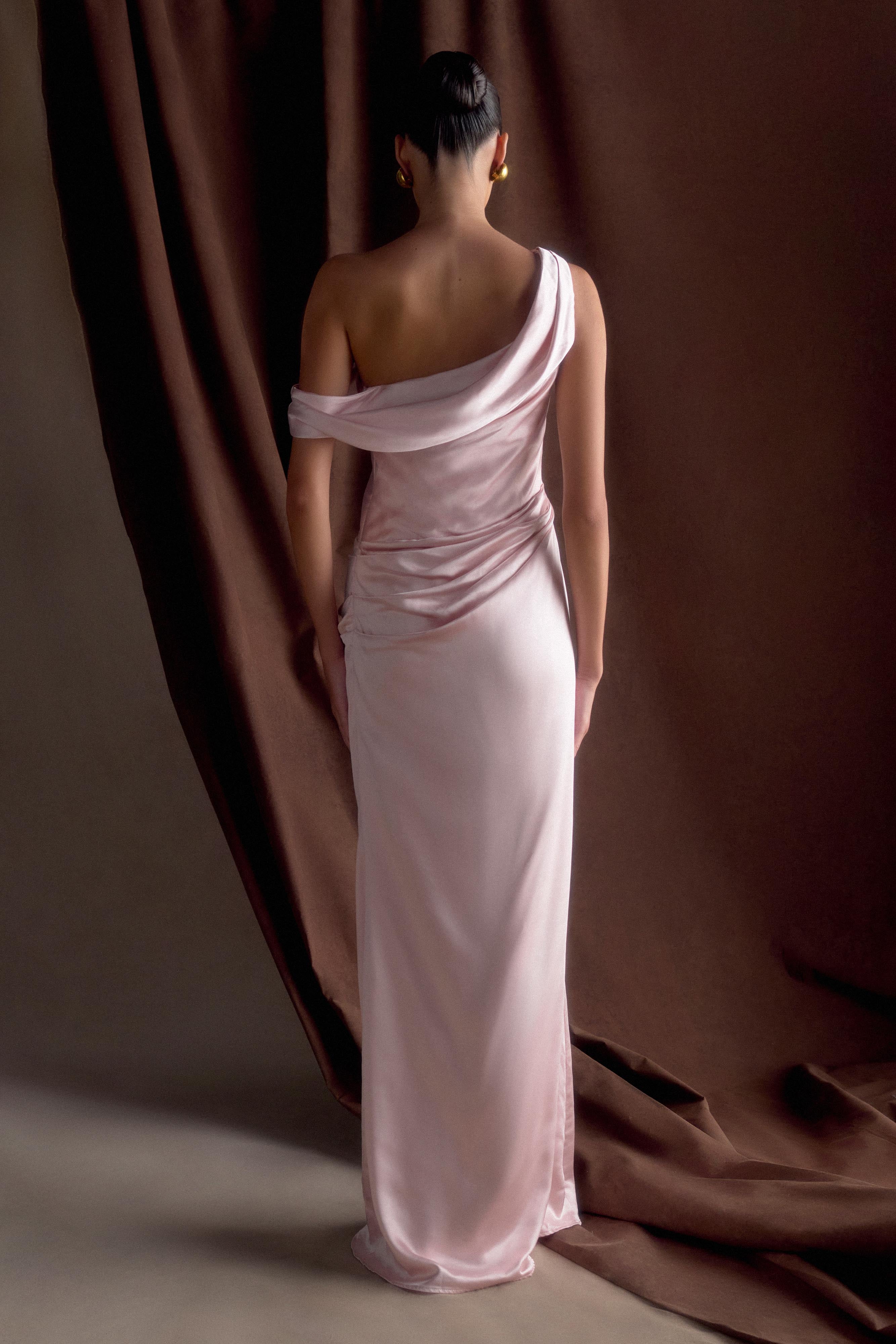 Dalia Off Shoulder Satin Maxi Dress Soft Pink