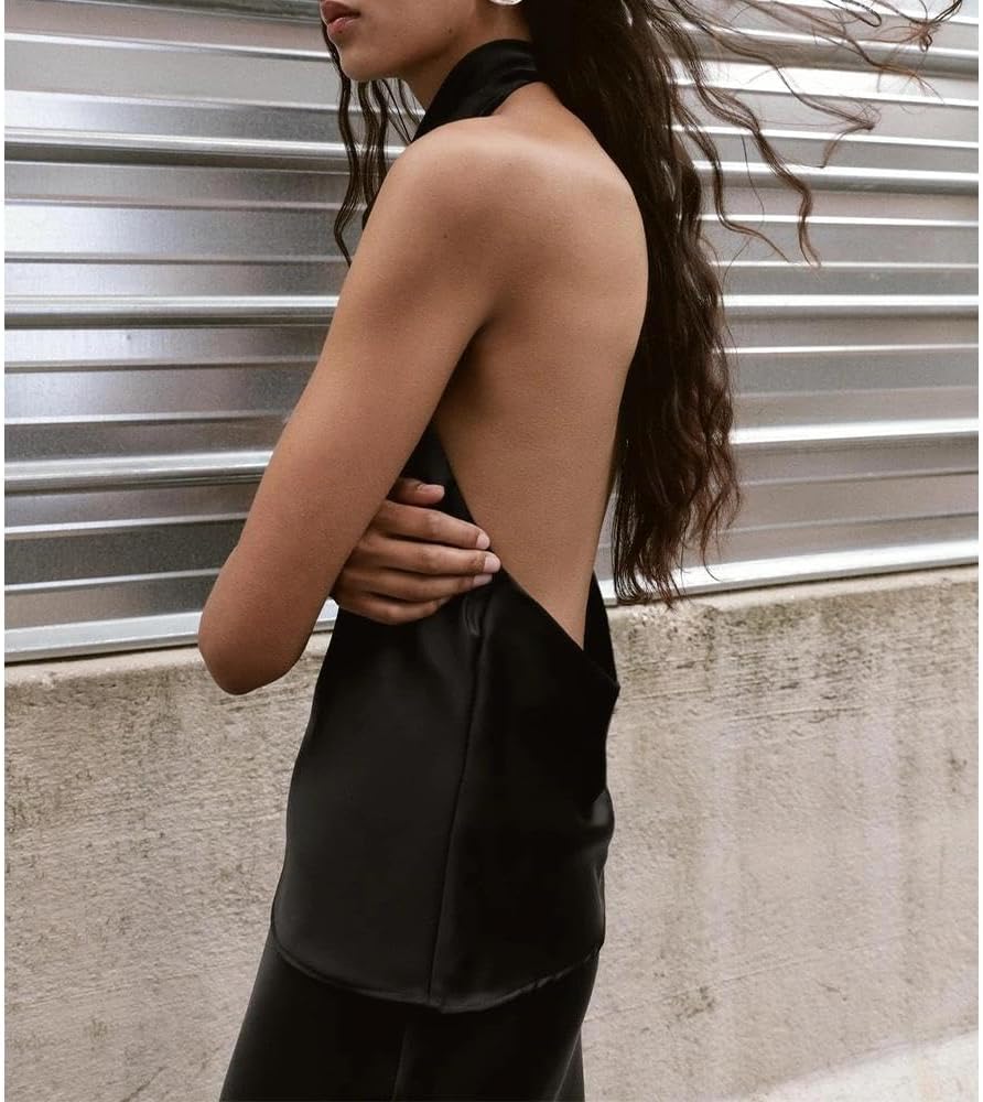 Women Halter Top Cowl Neck Backless Satin Silk Tank Tops Elegant Going Out Clubwear