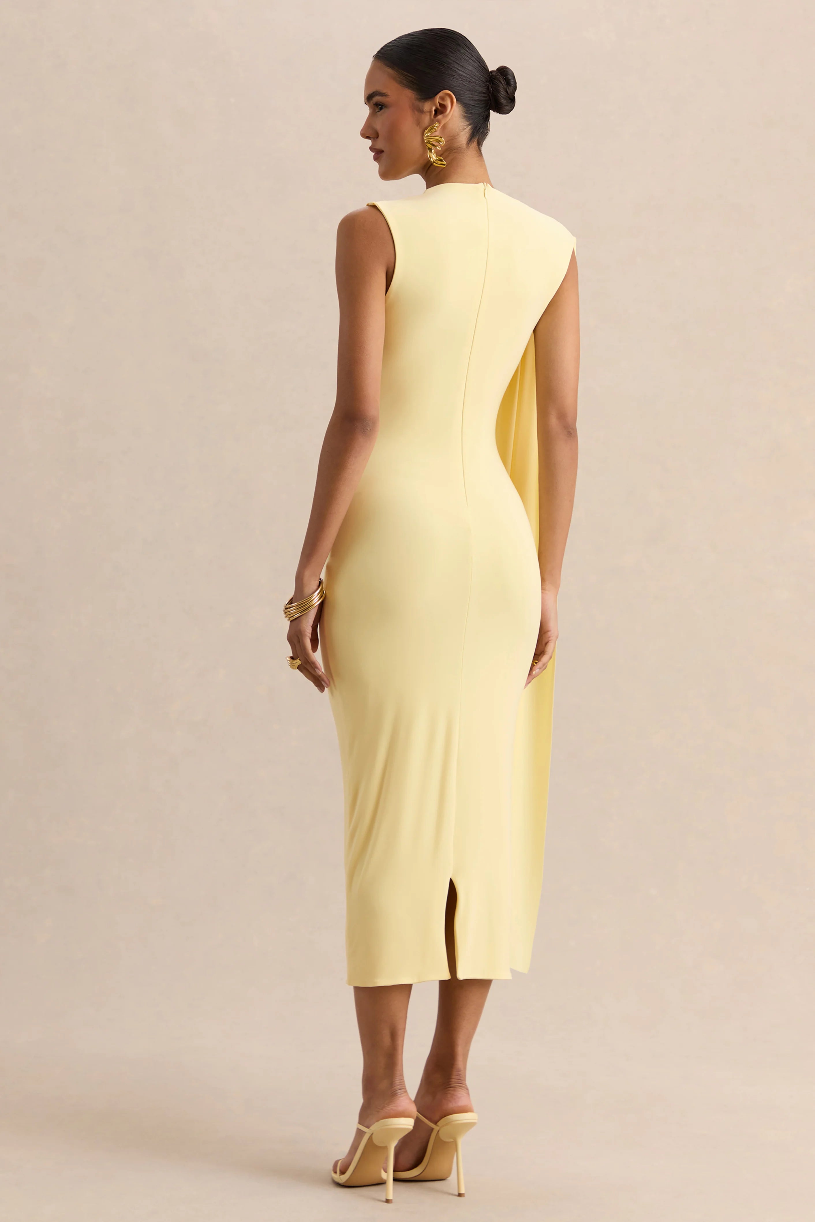 Oleandra Lemon High Neck Midi Dress With Draped Detail