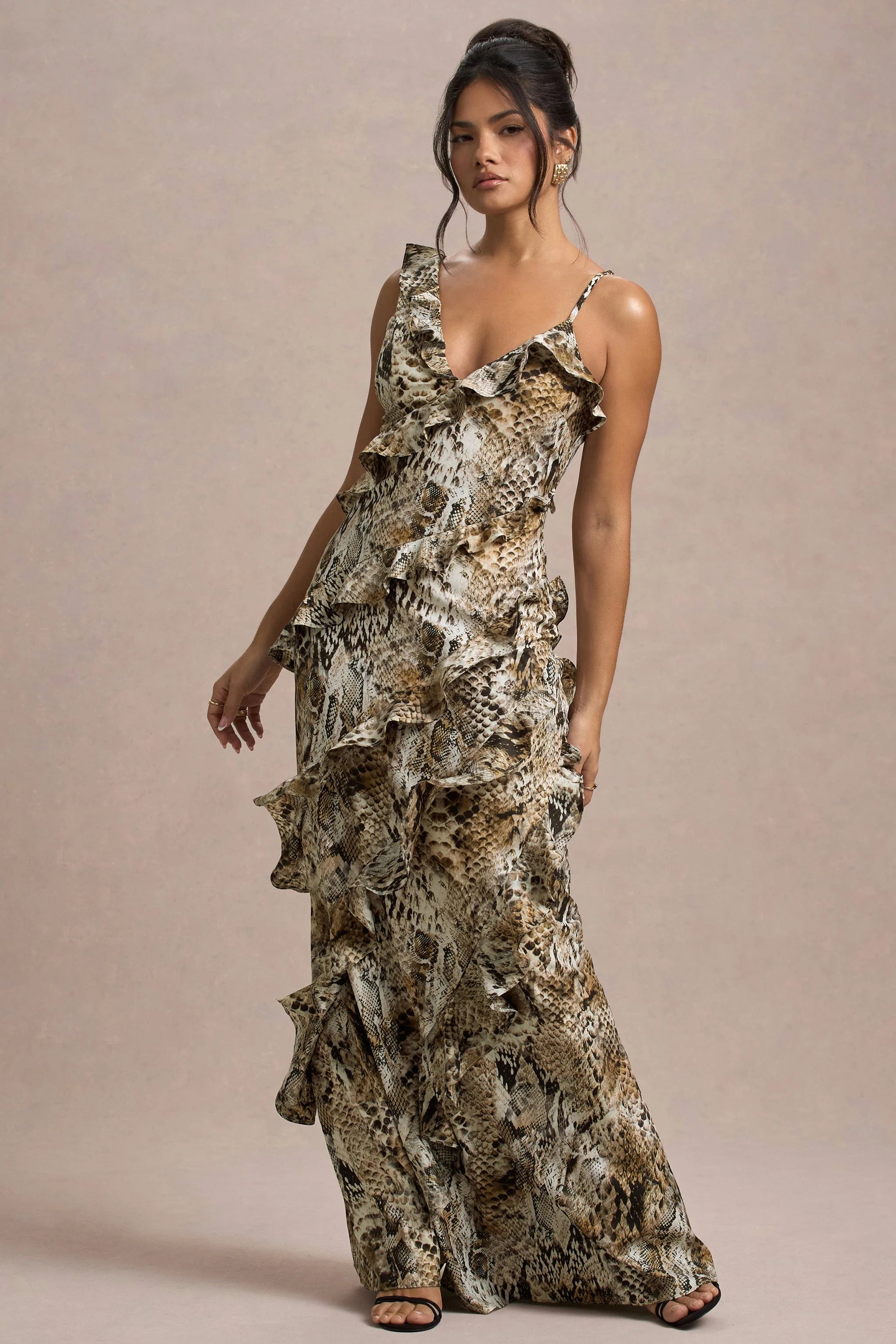 Wispy Snake Print Plunge Neck Ruffled Maxi Dress