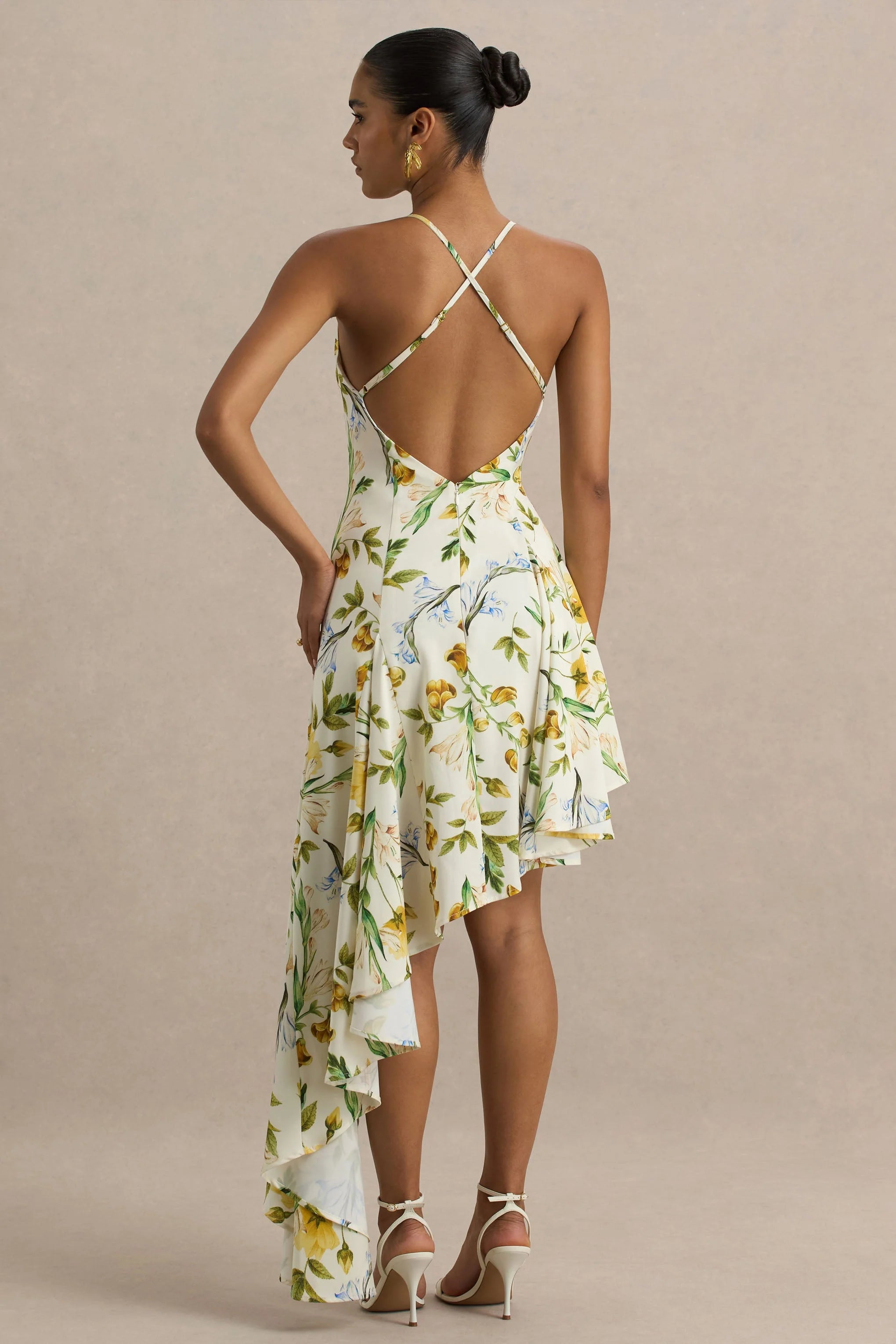 Glint Lemon Floral Print Satin Plunge Neck Maxi Dress With Asymmetric Hem