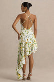 Glint Lemon Floral Print Satin Plunge Neck Maxi Dress With Asymmetric Hem