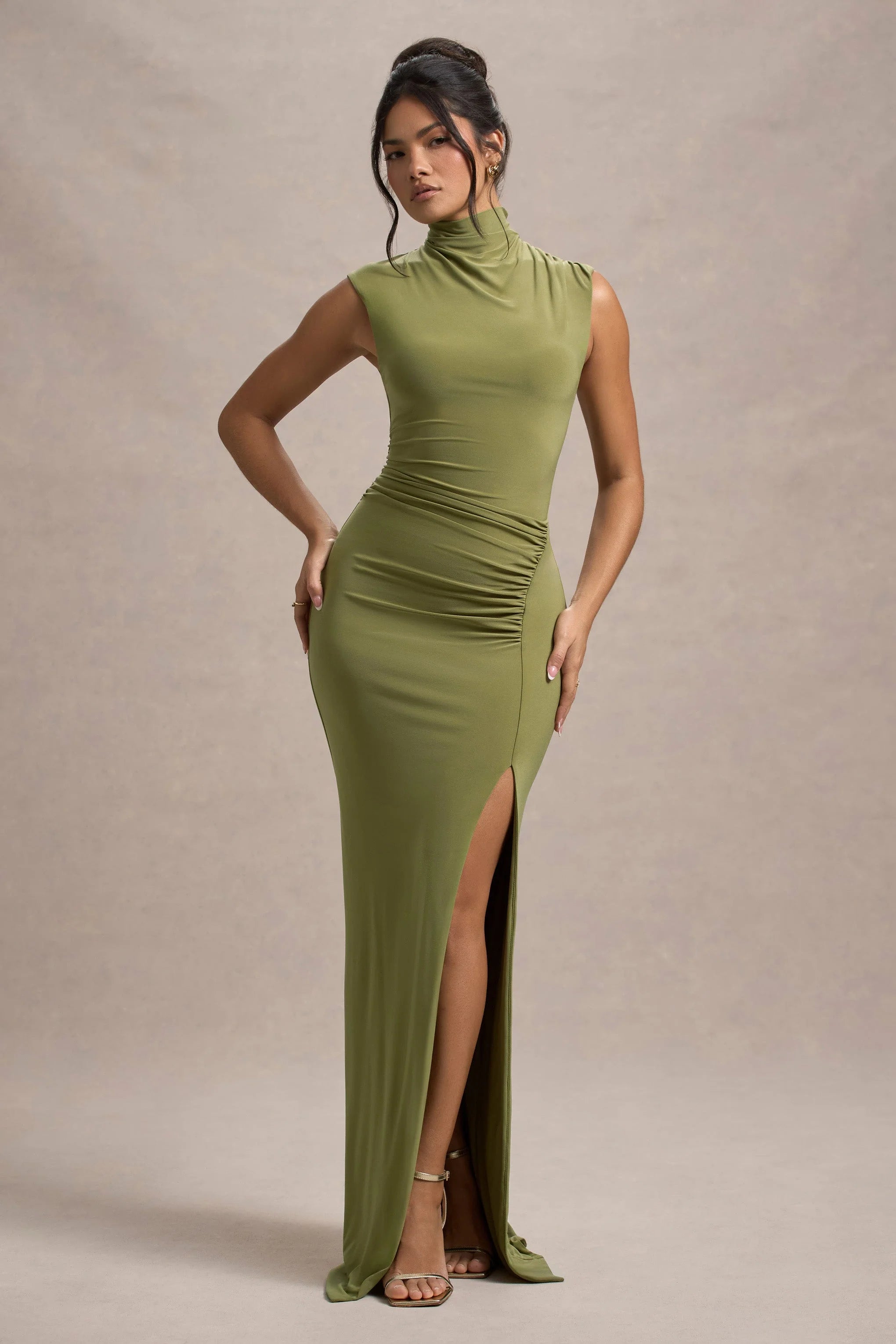 Lanetta Olive Ruched High Neck Maxi Dress With Split