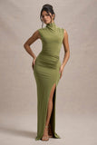 Lanetta Olive Ruched High Neck Maxi Dress With Split