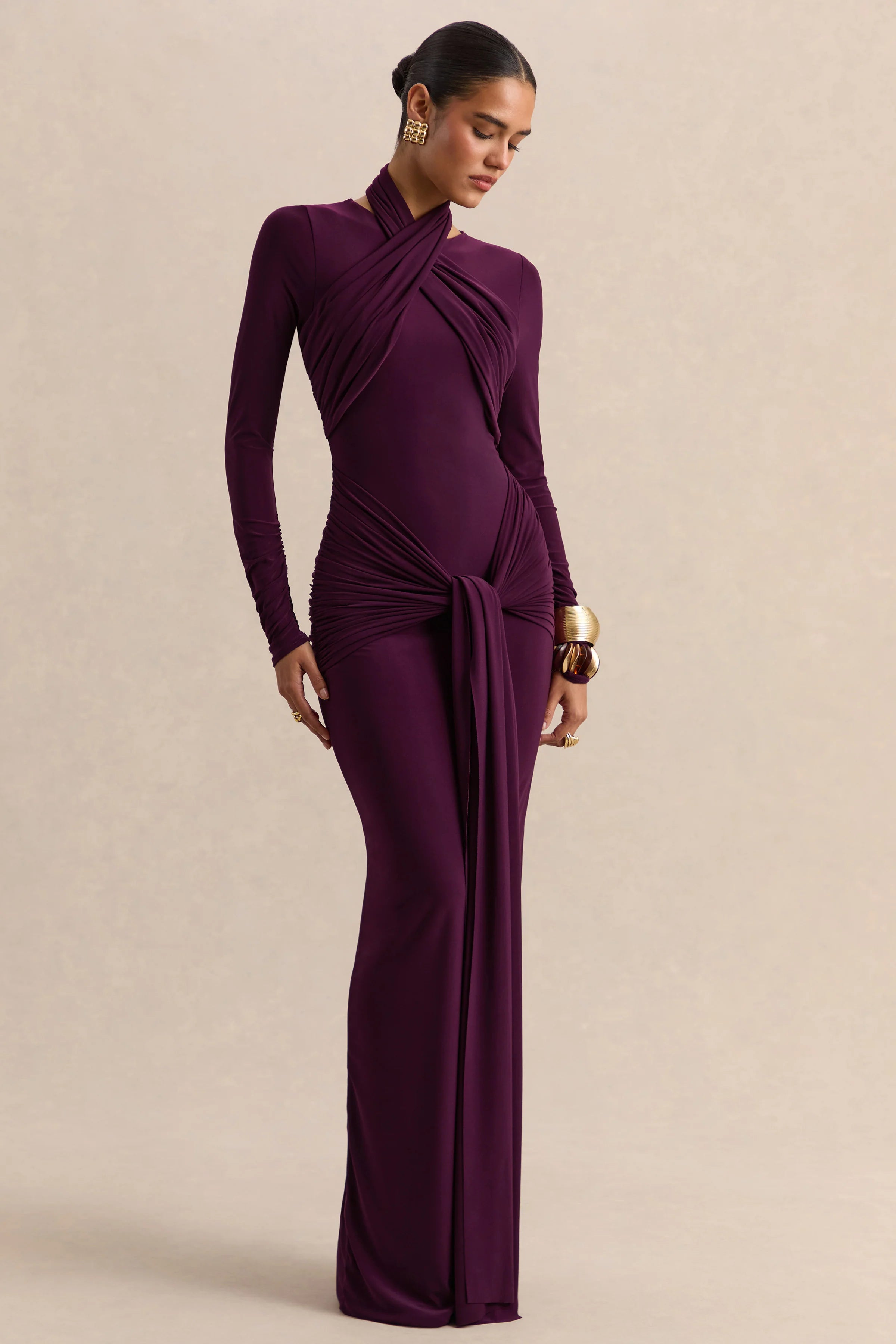 Linessa Dark Plum High Neck Maxi Dress With Sash And Gathered Detailing