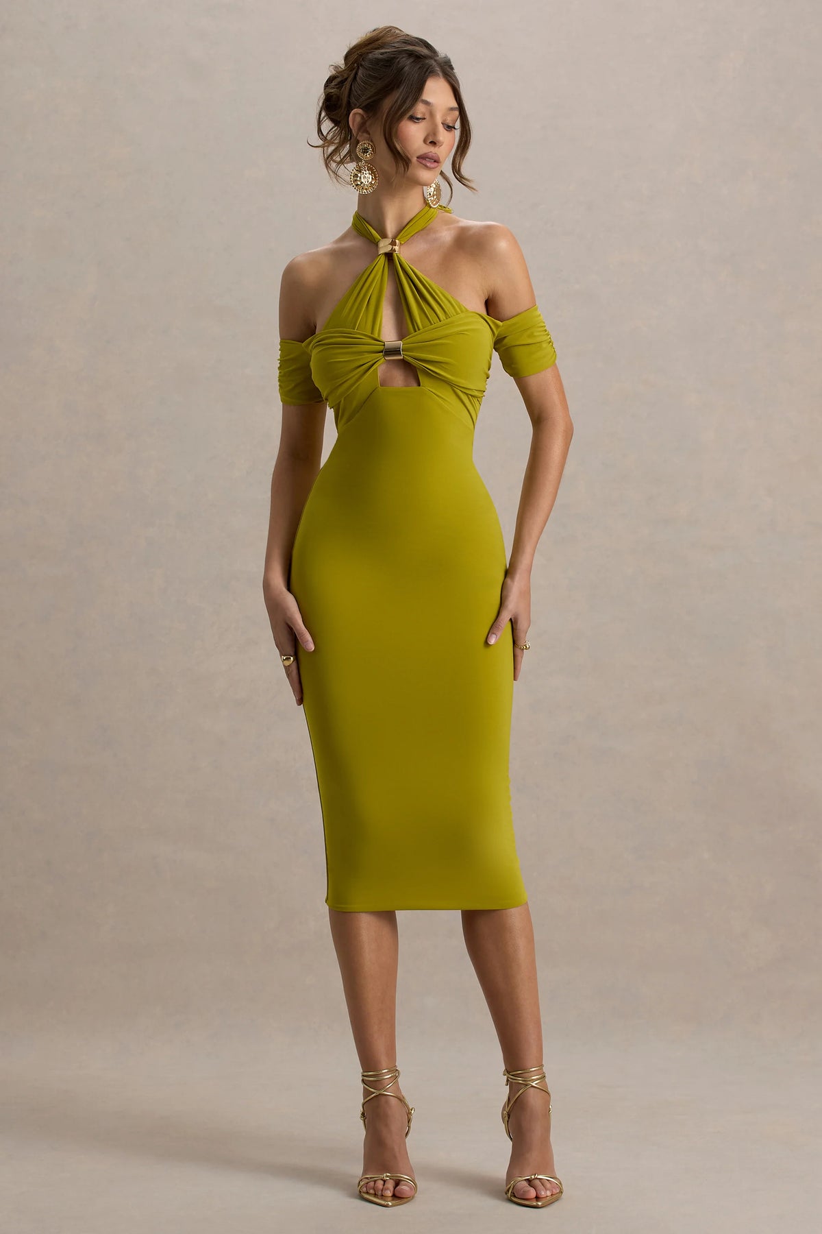 Selvina Green Cut Out Halter Neck Midi Dress