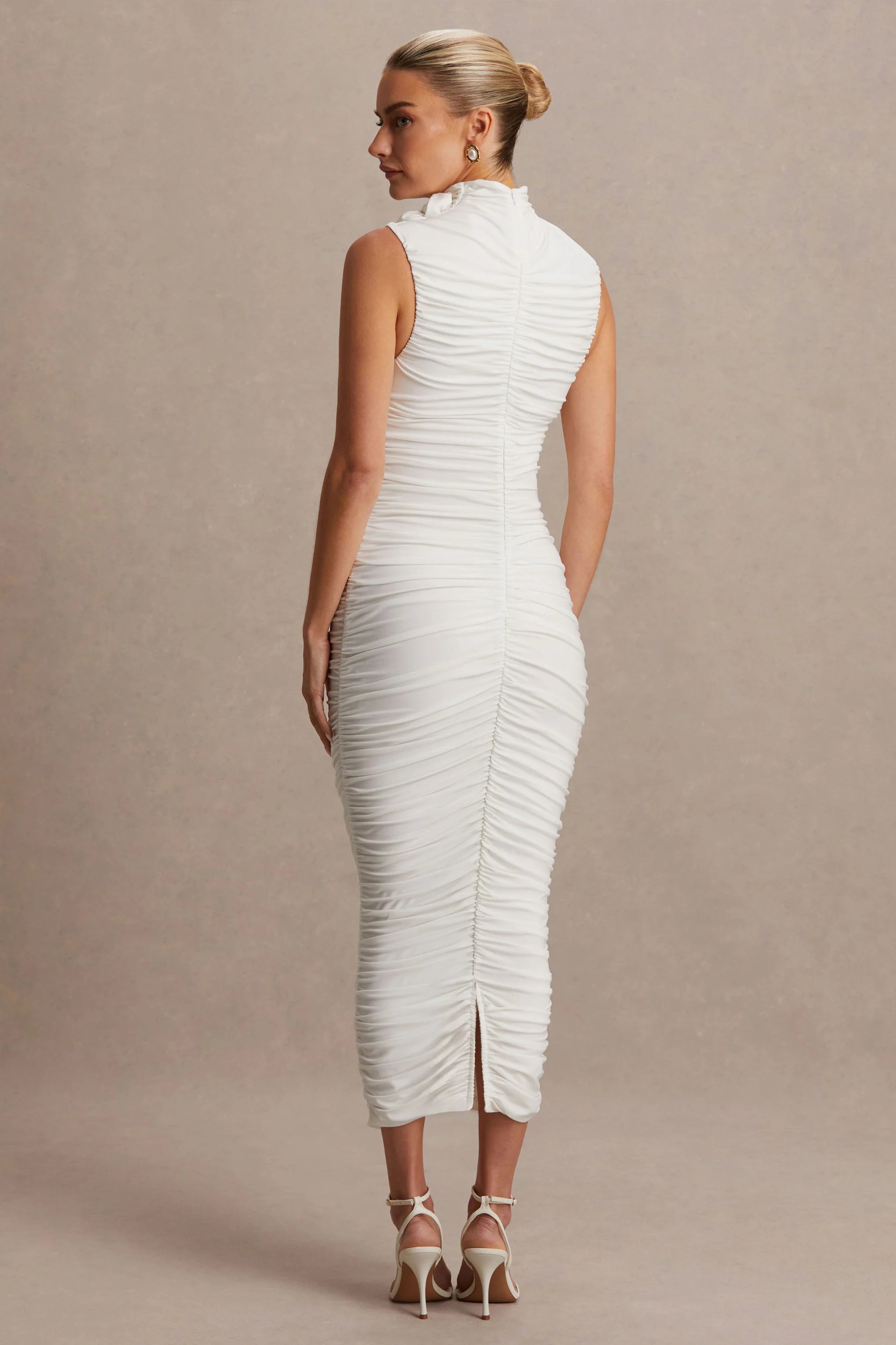 Shellie White High Neck Maternity Midi Dress With Corsage Detail