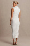 Shellie White High Neck Maternity Midi Dress With Corsage Detail