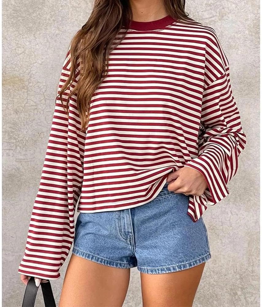 Women Striped Long Sleeve Shirt Crewneck Cropped Pullover Top Fall Winter Vintage Sweatshirt Streetwear