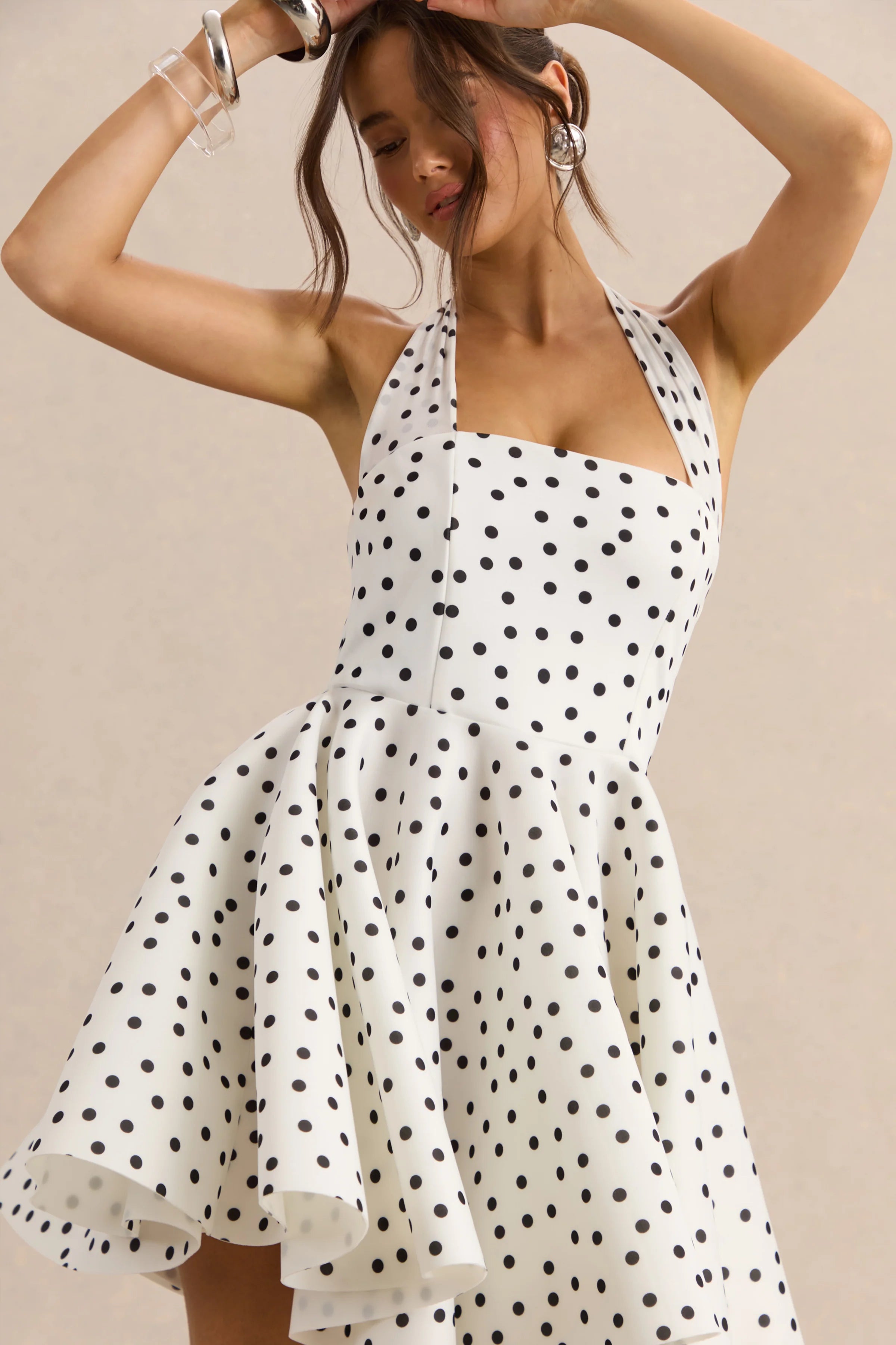 Peggy White Black Polka Dot Halter Neck Skater Mini Dress