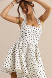 Peggy White Black Polka Dot Halter Neck Skater Mini Dress