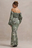 Murcia Olive Floral Print Chiffon Puff Sleeve Button Maxi Dress