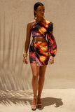 Zen Smoke Print Asymmetric Mini Dress With Cut Out Detail