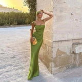 Women Wedding Guest Dress Satin Corset Top Elegant Maxi Dresses with Sheer Scarf Evening Gown