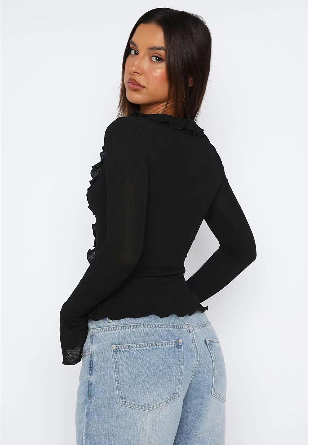 Women Going Out Tops Ruffle Trim Button Front V Neck Flared Sleeve Shirt Y2k Crop Top