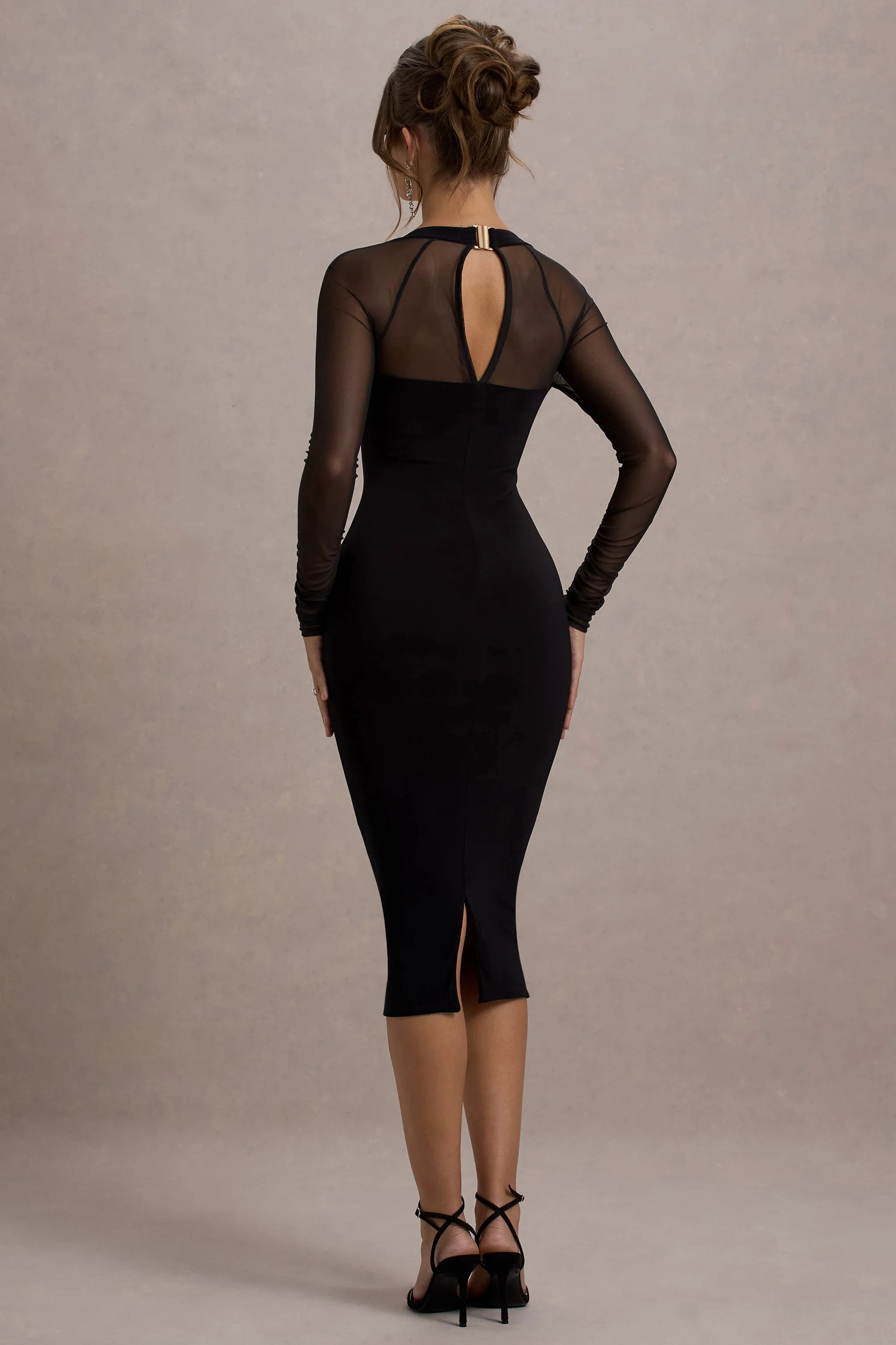 Off Track Black Bodycon Midi Dress With Sheer Sleeves