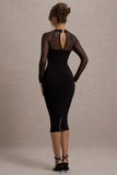Off Track Black Bodycon Midi Dress With Sheer Sleeves