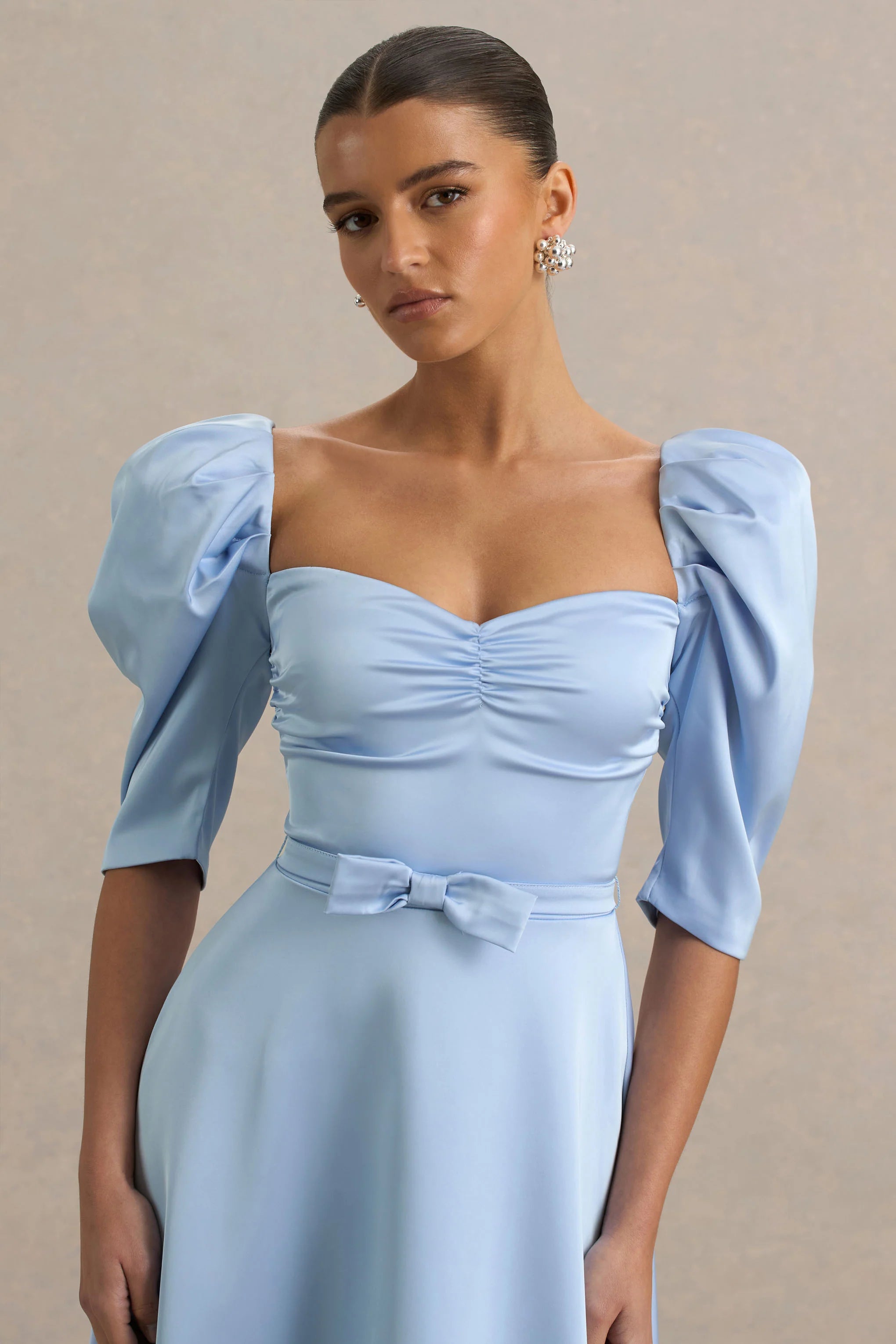 Rosey Powder Blue Satin Sweetheart Midi Dress