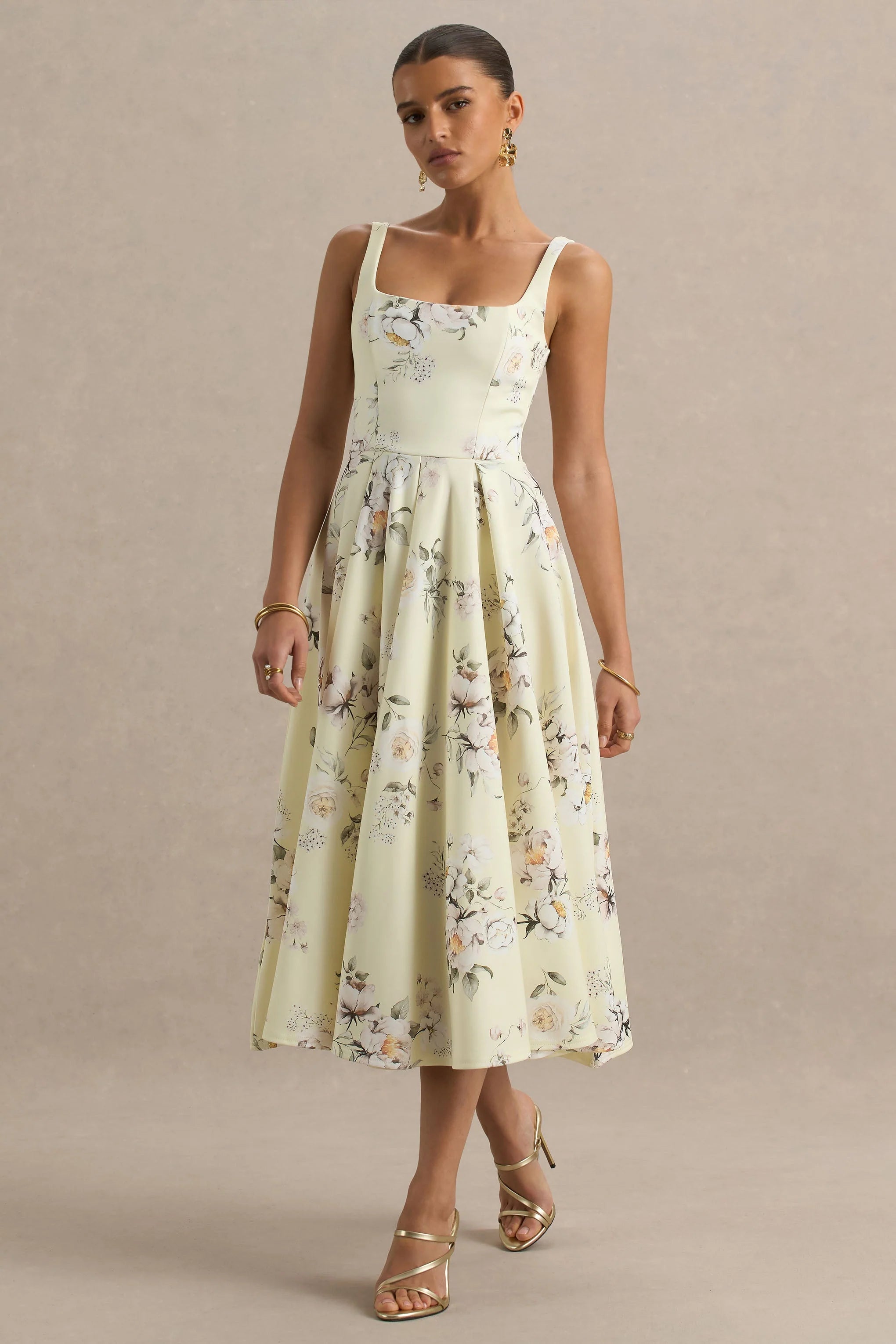 Lissa Lemon Floral Bouquet Print Square Neck Midi Dress