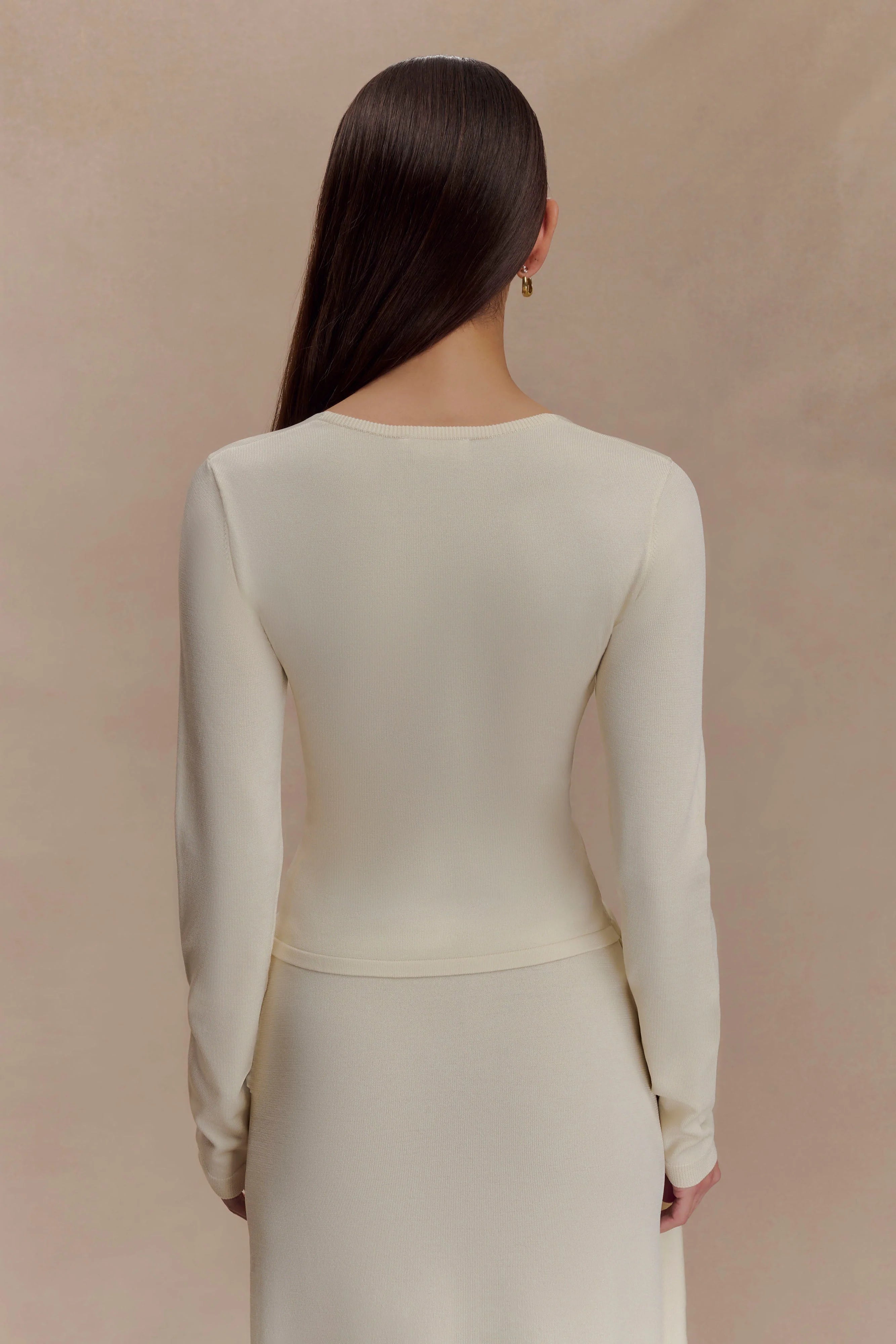 Miraby Front Ruched Knit Long Sleeve Top Ivory