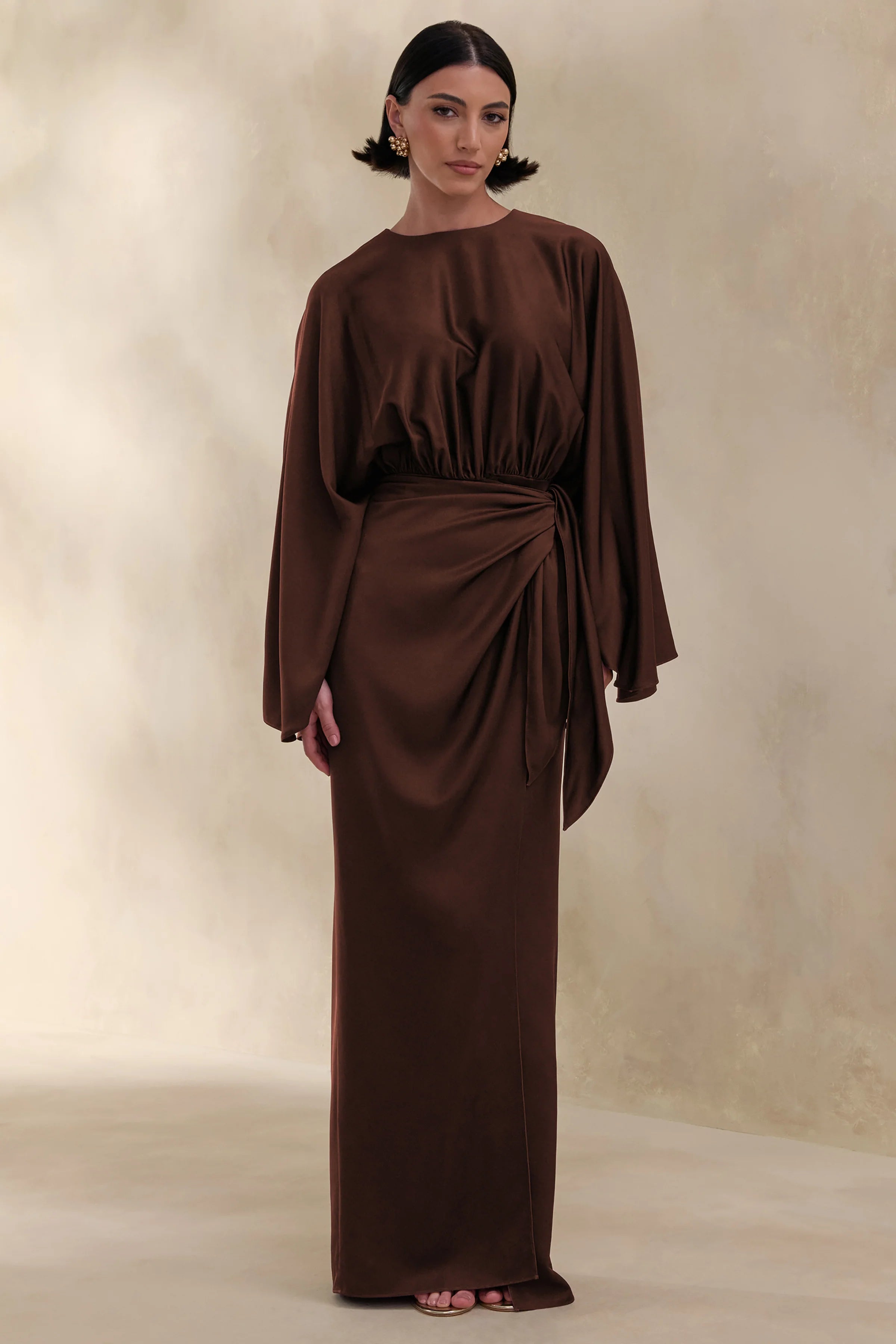 Delphina Brown Satin Maxi Dress With Gathered And Knot Detail