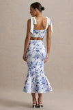 Amadea Blue Porcelain Print Fishtail Midi Skirt